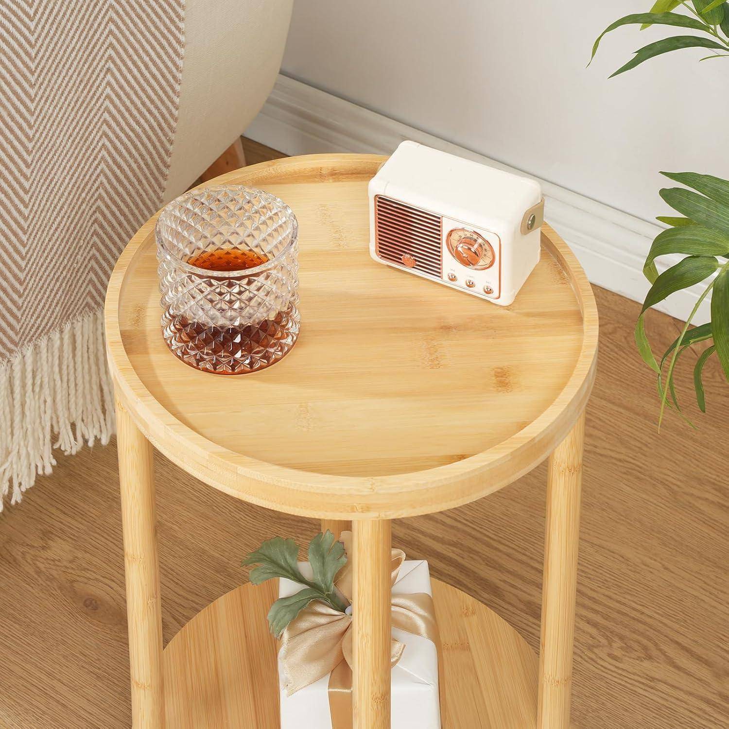 HOOBRO Beistelltisch rund aus Bambus, Nachttisch mit erhöhtem Rand, Sofatisch modern, für kleine Räume, Wohnzimmer, Schlafzimmer, Flur, Eingangsber