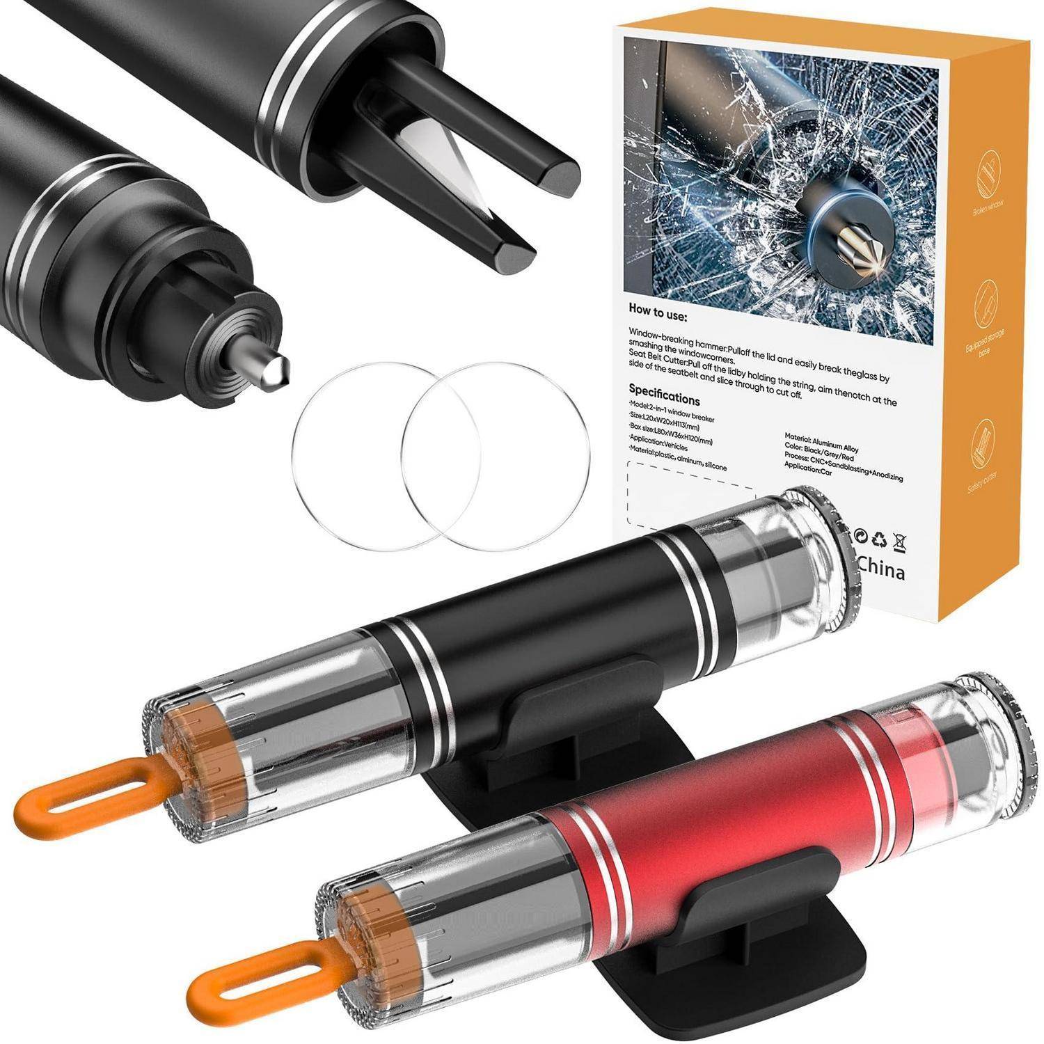 Produktbild eines Glasbruch-Notfallwerkzeugs und einer Taschenlampe, dargestellt in Schwarz und Rot mit austauschbaren Köpfen, Montageklammern, Ersatzringen und Verpackungskarton.