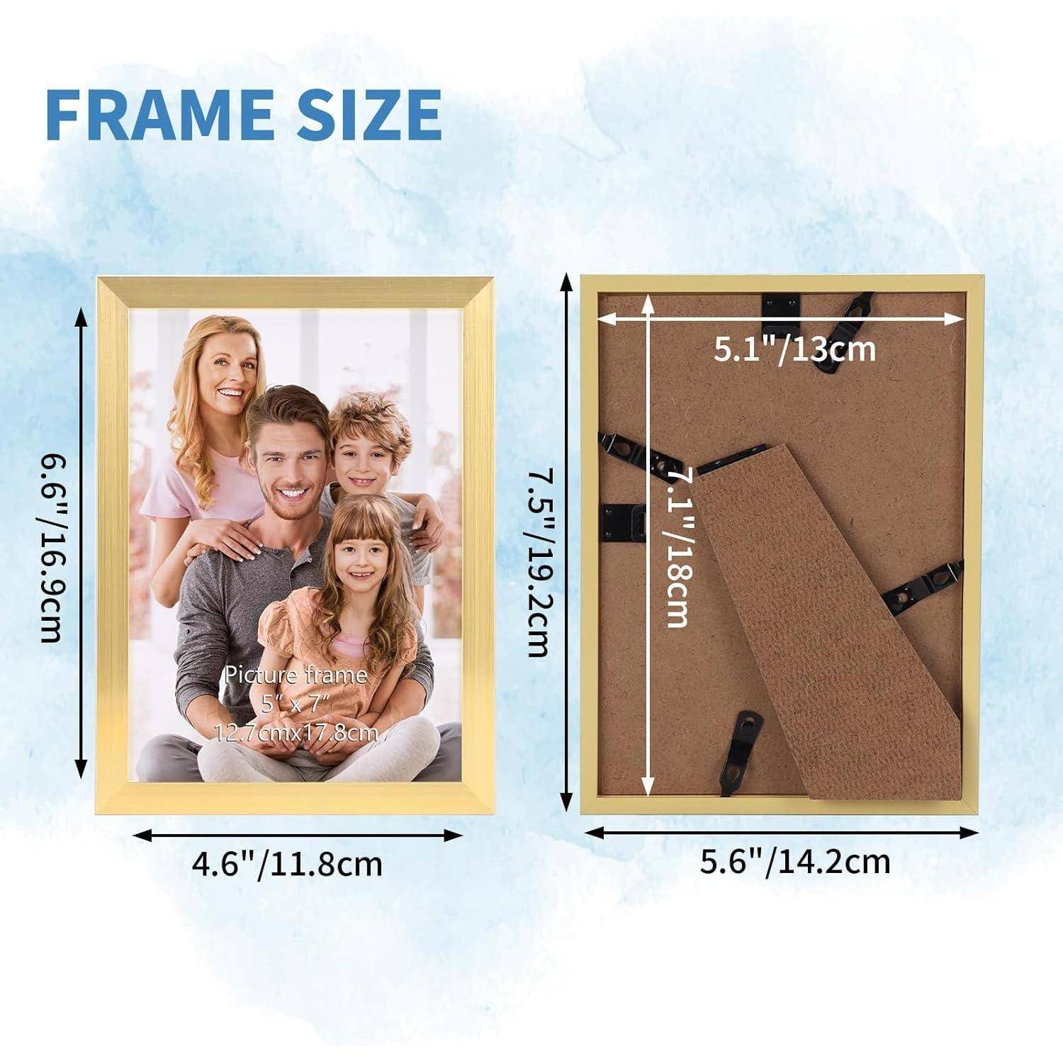 Rahmengrößendiagramm mit einem Fotorahmen und seinen Rückseítendimensionen: 6,9 x 9,6 Zoll Außengröße, 4,6 x 11,8 Zoll Öffnung, 5,1 x 7,5 Zoll innerer Bereich und 5,6 x 14,2 Zoll Rückseite.