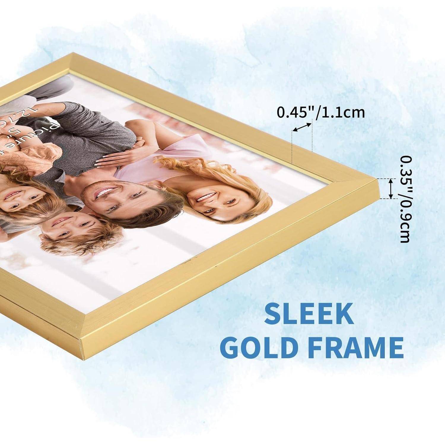 Goldrahmen in einer Winkelansicht mit Dimensionsbezeichnungen 0,45 Zoll/1,1 cm und 0,35 Zoll/0,9 cm; der Text lautet „ELEGANTER GOLDRAHMEN