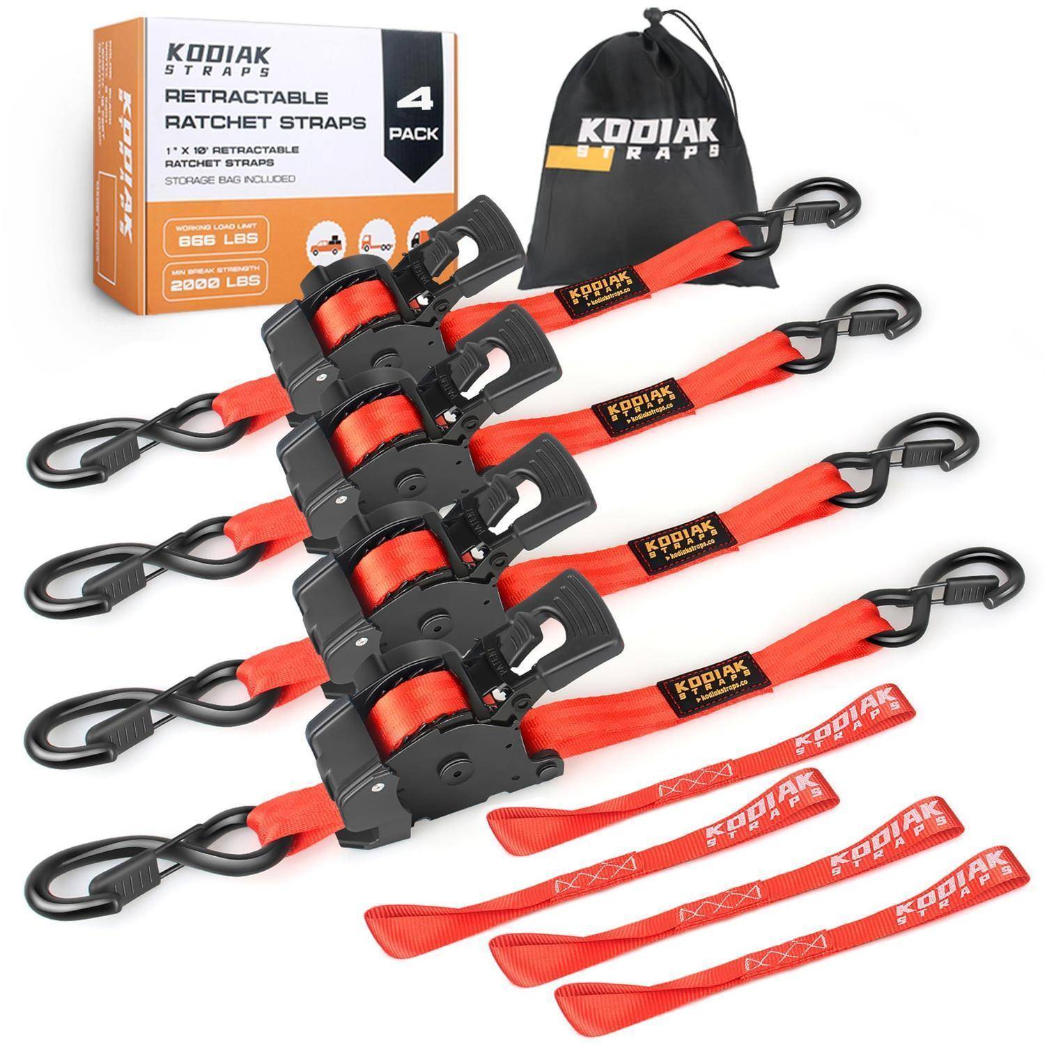 Kodiak Straps 4er-Pack mit ausziehbaren Ratschengurten mit Haken, gezeigt mit Tragetasche und Produktverpackung.