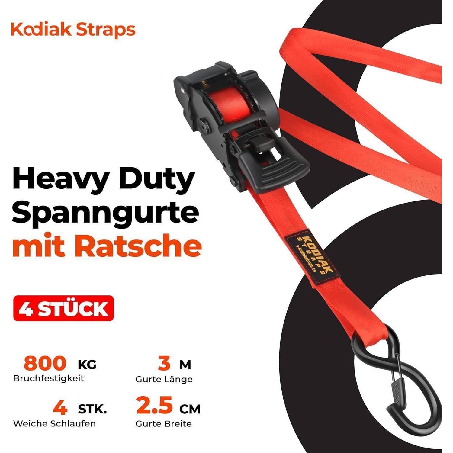 Produktanzeige für Kodiac Straps schwere Spannratschengurt mit rotem Gurt und Metallhaken und Text: '4 Stück', '800 kg', '3 m', '2.5 cm'.