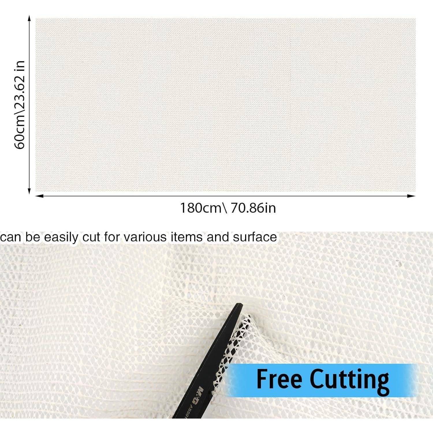 Bild einer 180 cm × 60 cm Rolle aus strukturiertem Oberflächenmaterial mit Nahaufnahme, die zeigt, dass es leicht geschnitten werden kann und mit „Freies Schneiden
