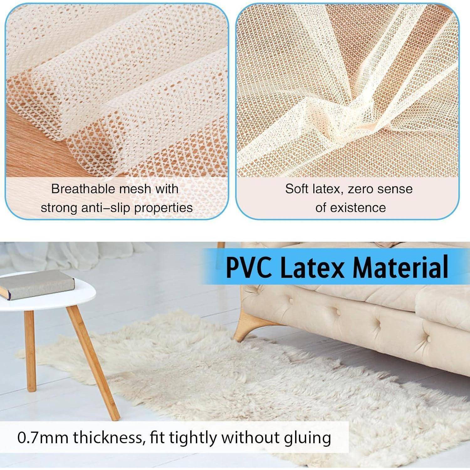 Werbebild einer PVC-Latex-Teppichunterlage mit atmungsaktivem rutschfestem Netzgewebe, weichem Latex und 0,7 mm Dicke, die fest ohne Kleber passt.