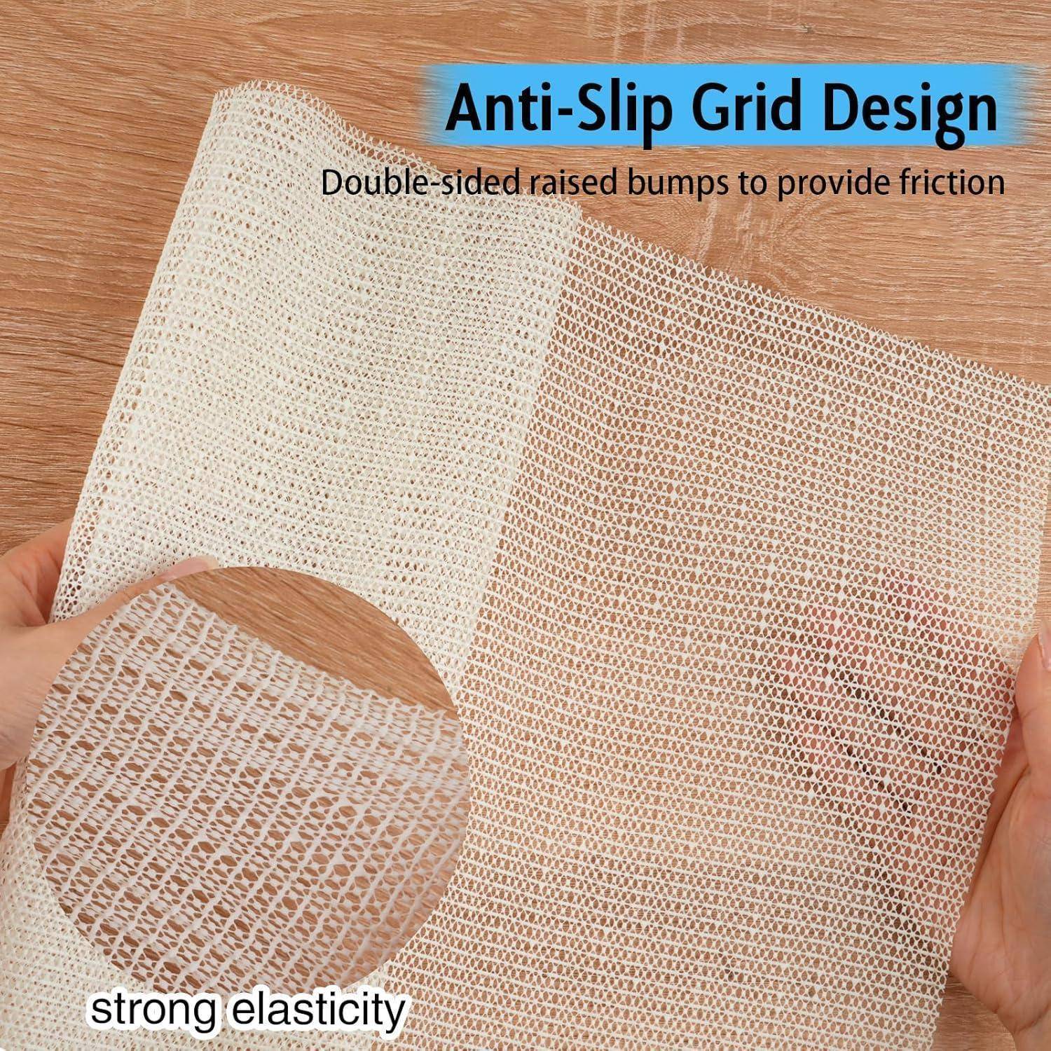 Hände halten eine geflochtene rutschfeste Matte mit Text „Anti-Slip Grid Design