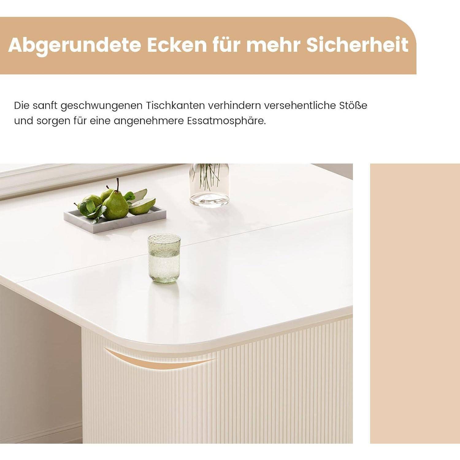 Weißer Tisch mit abgerundeten Ecken, dargestellt als sicherer gegen Stöße; Deutscher Text besagt, dass abgerundete Kanten die Sicherheit verbessern und eine angenehmere Atmosphäre schaffen.