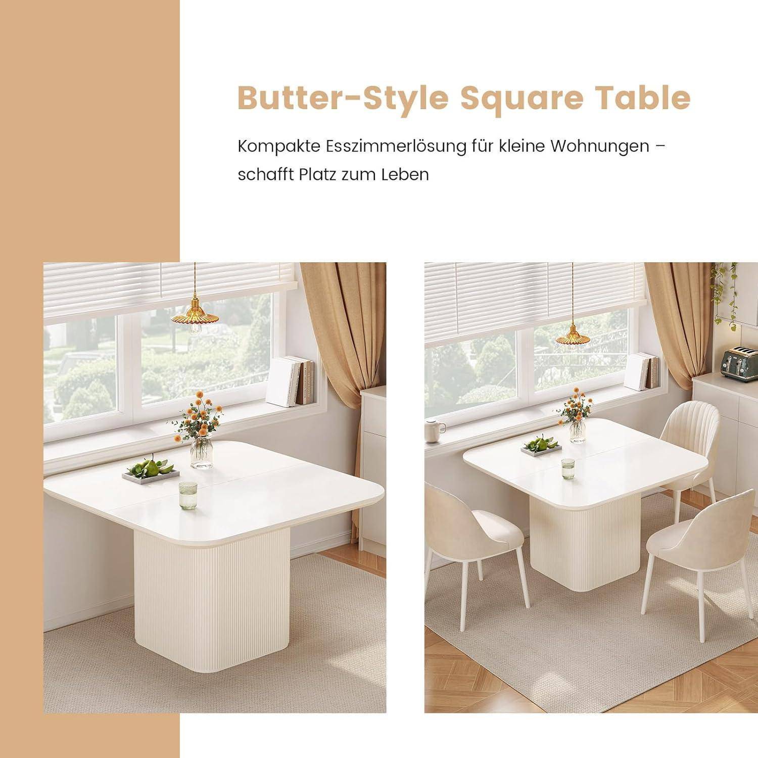 Tisch im Butter-Stil, quadratisch, in einem kleinen Esszimmer, dargestellt in zwei Ansichten: ein weißer kompakter Tisch an einem Fenster, mit Stühlen und minimaler Dekoration, die die platzsparende Nutzung betont.