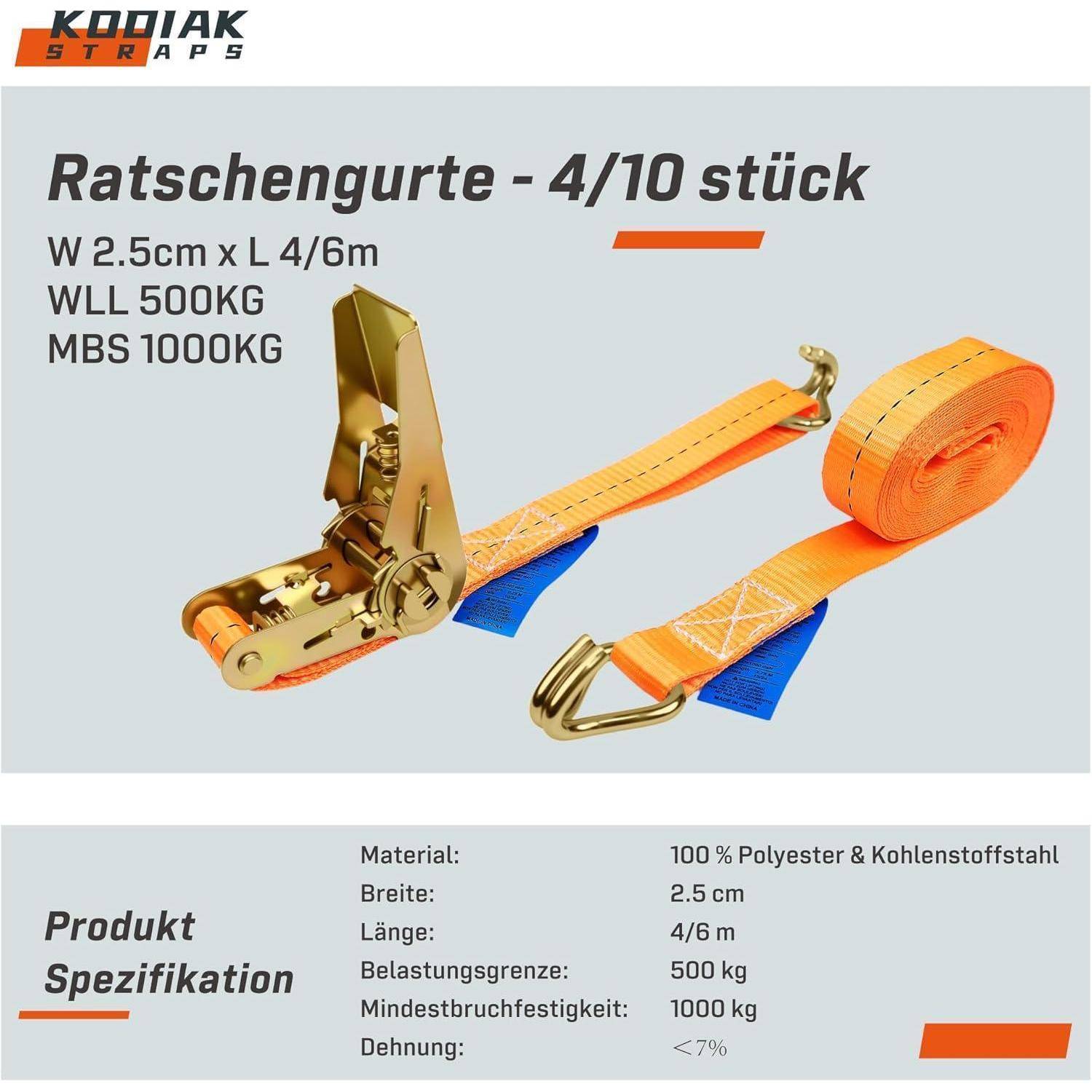 Produktbild für KODIAK STRAPS Ratschengurte, 4/10 Stück, zeigt orange 2,5 cm x 4/6 m Gurte mit WLL 500 kg und MBS 1000 kg; Produktspezifikationen sind unten aufgeführt.