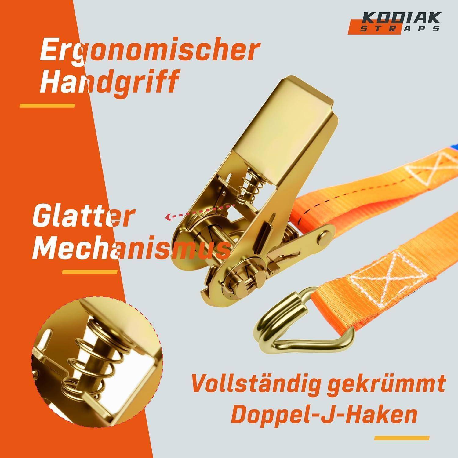 Deutsches Werbebild einer goldenen Ratschenverschluss-Schnalle mit orangefarbenem Gewebe, beschriftet mit „Ergonomischer Handgriff