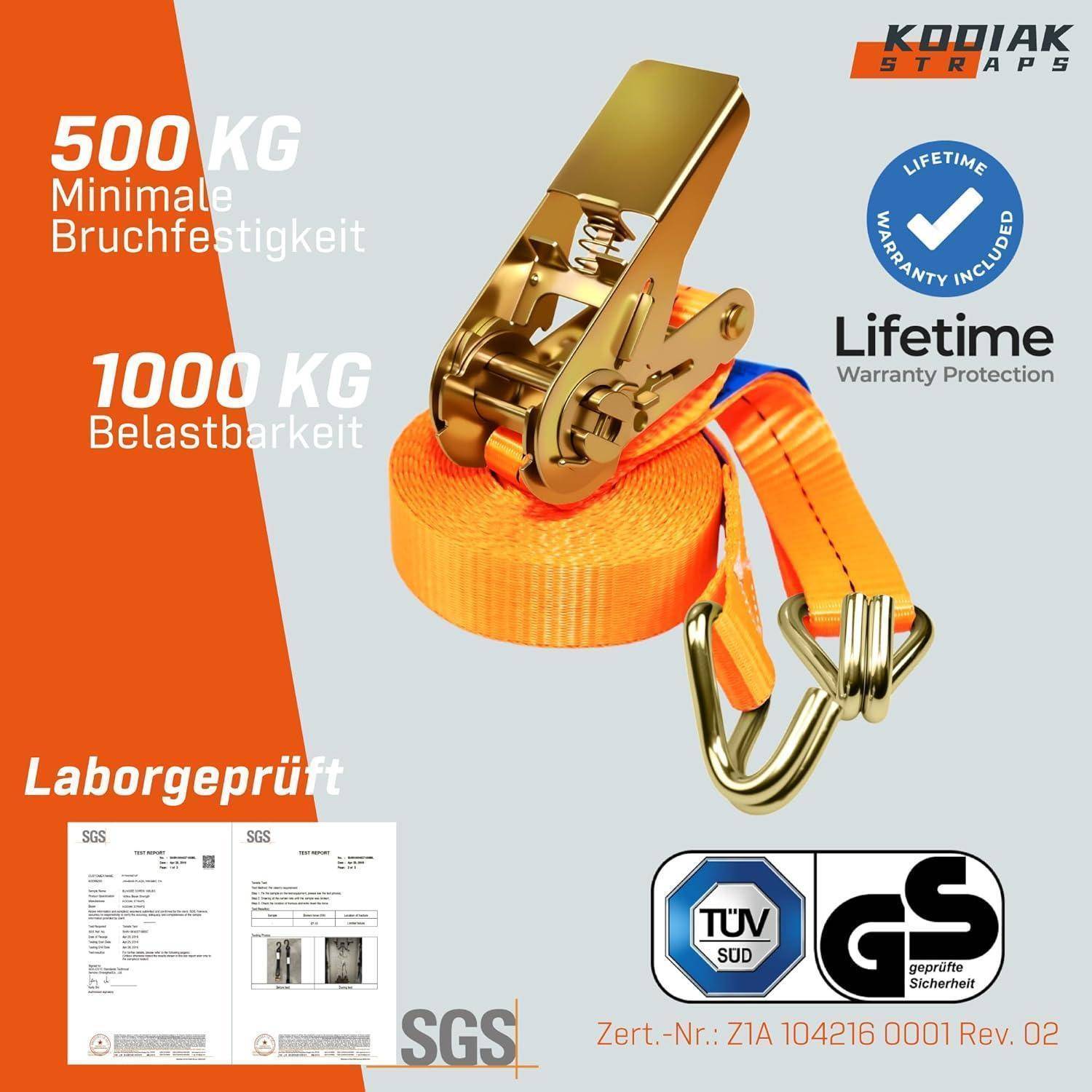 4 Stück Spanngurte 6m x 1000kg mit Ratsche und Haken - 25mm Zurrgurte mit Ratsche - Orange Ratschengurt für Ladungssicherung - TÜV/GS geprüft nach