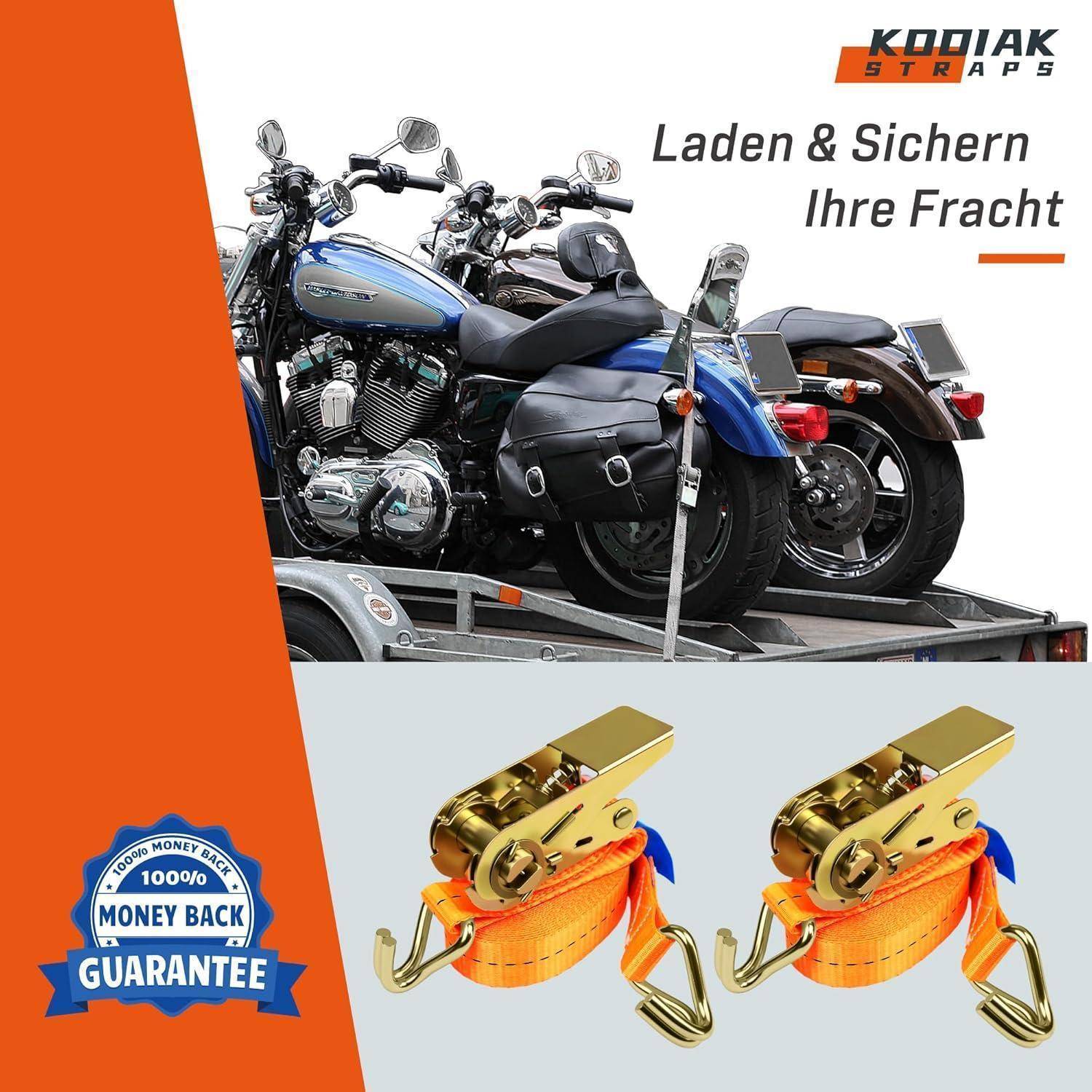 Kodiak Straps Anzeige mit zwei auf einem Anhänger gesicherten Motorrädern mit orangefarbenen Spanngurten, plus einem Badge mit 