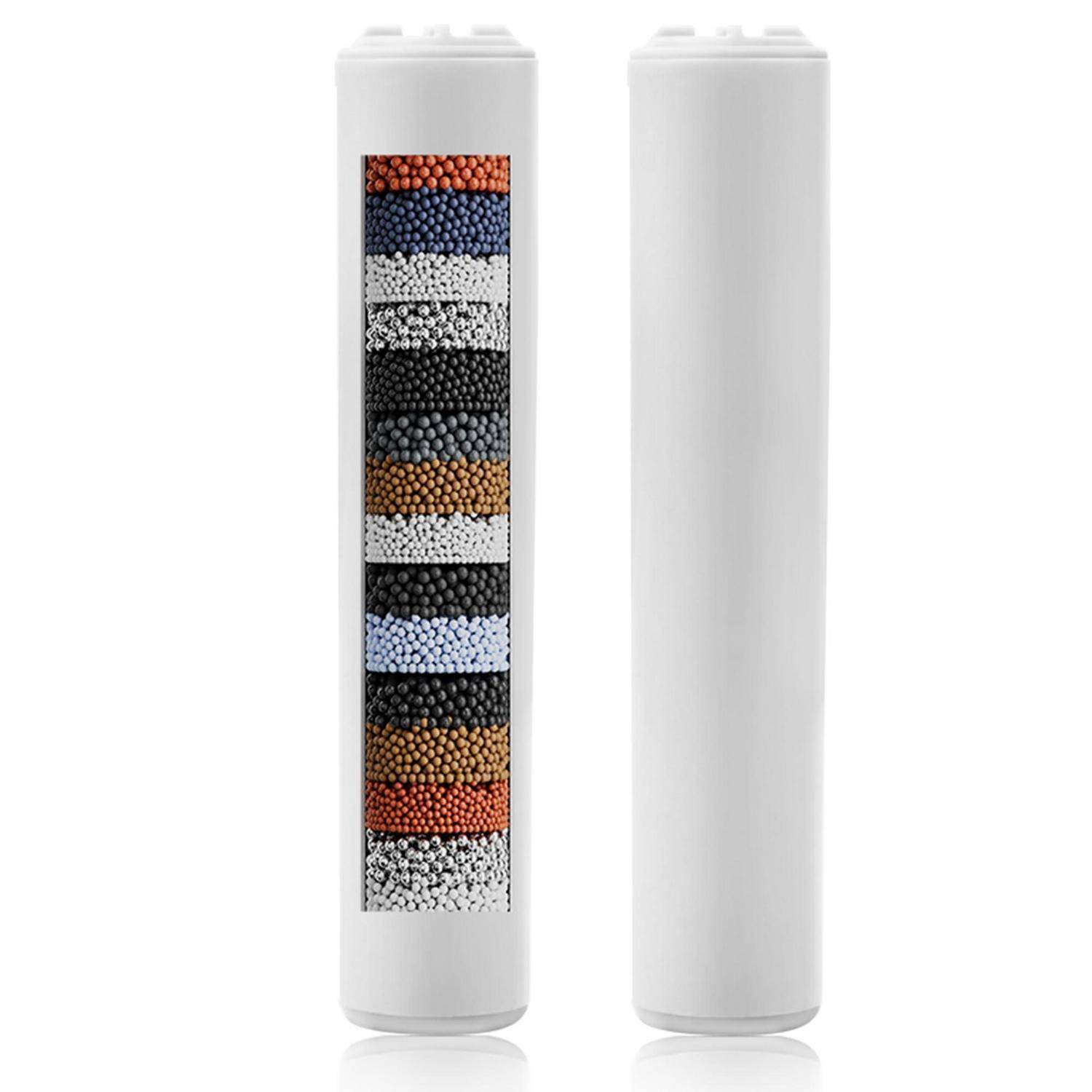 Zwei weiße zylindrische Filterpatronen nebeneinander gezeigt; die linke Patrone ist aufgeschnitten, um gestapelte Schichten des farbigen Filtermaterials zu zeigen, die rechte Patrone ist unbeschädigt.
