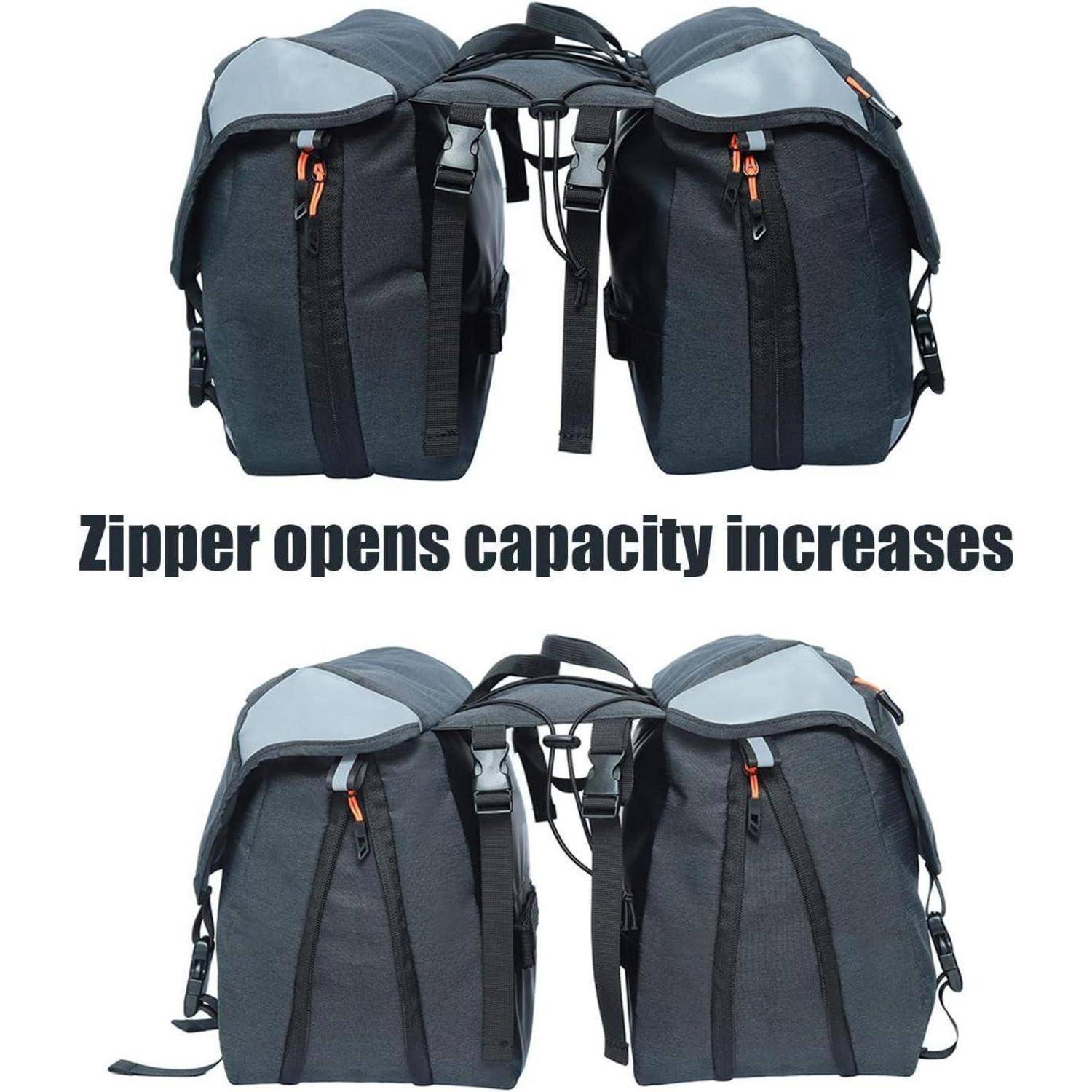 Vergleich eines Rucksacks mit einem geöffneten Reißverschluss zur Kapazitätserweiterung, der im geöffneten Zustand eine größere Breite zeigt; der Text lautet 