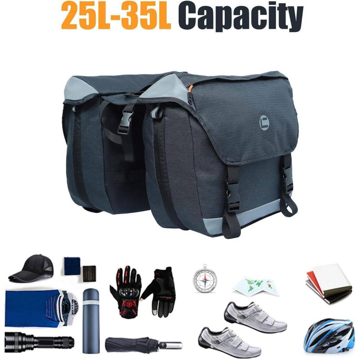 Graue Fahrrad-Gepäcktasche mit Kapazität von 25L-35L, gezeigt mit Befestigungsgurten und Zubehör wie Handschuhen, Karte, Schuhen, Helm, Taschenlampe und Flasche.