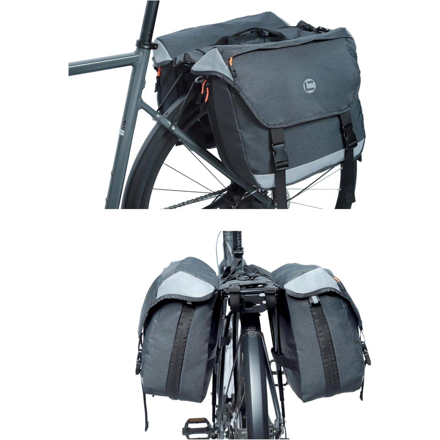 Hintere Fahrradtaschen und obere Tasche auf einem Gepäckträger montiert, von der Seite und von hinten dargestellt vor weißem Hintergrund.