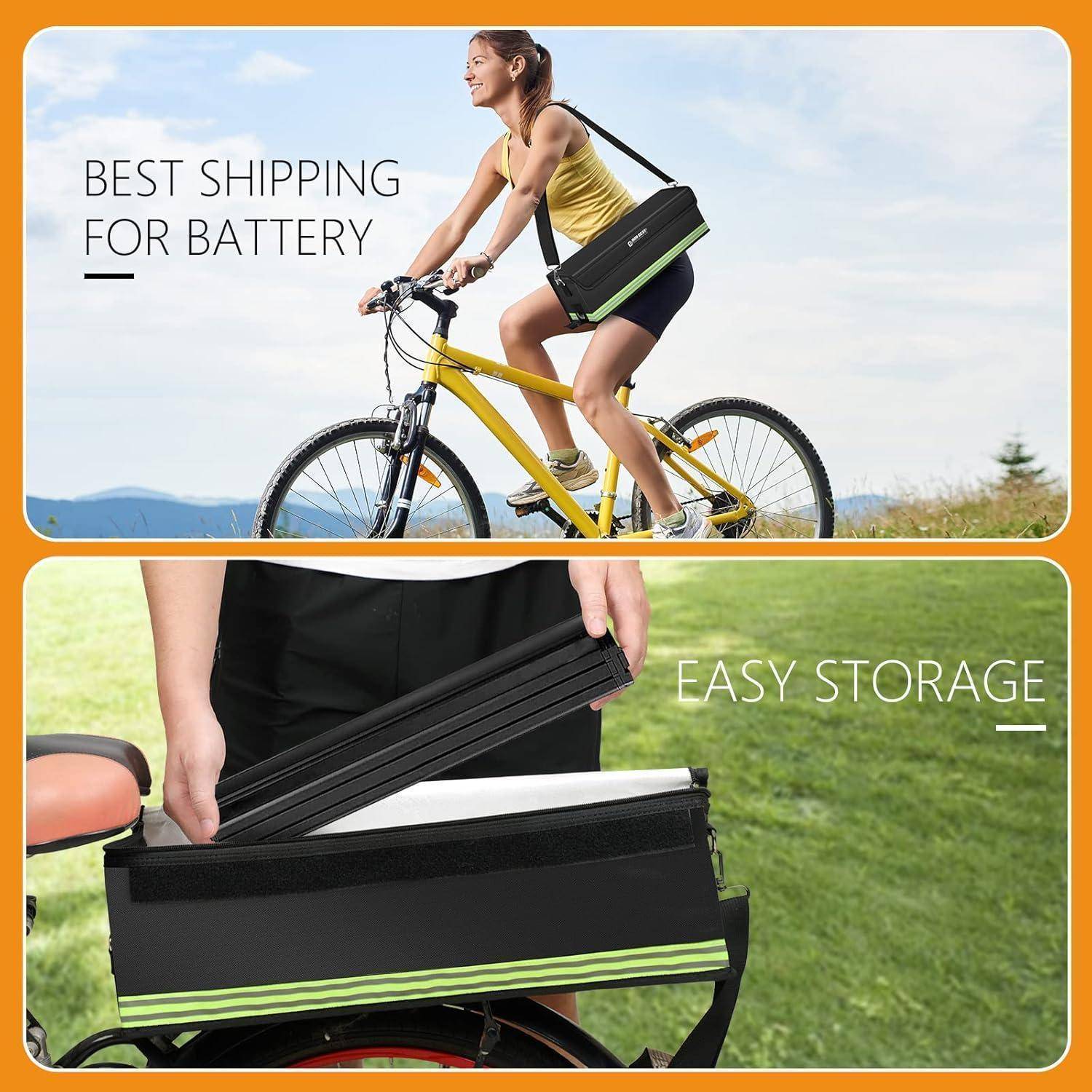 Zweifeld-Promotion einer Frau, die ein gelbes Fahrrad mit einer Batterietasche fährt, und eine Nahaufnahme, die zeigt, wie das Batteriepaket in der Tasche verstaut wird, mit dem Text „BESTER VERSAND FÜR BATTERIE" und „EINFACHE LAGERUNG"".