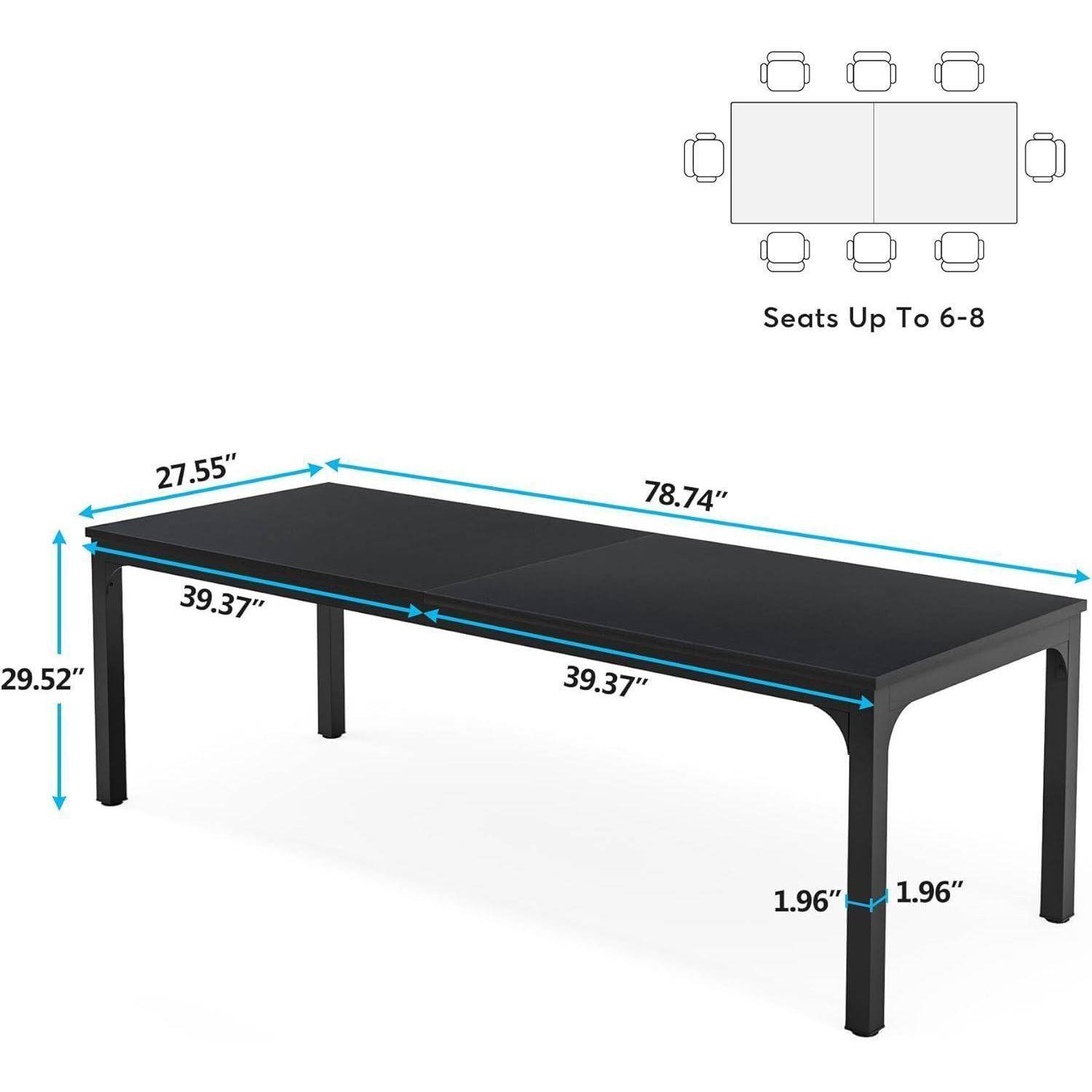 Abmessungsdiagramm eines rechteckigen schwarzen Esstischs: 78,74 Zoll lang, 27,55 Zoll breit, 29,52 Zoll hoch, mit 1,96 Zoll Beinen und Platz für 6–8 Personen.