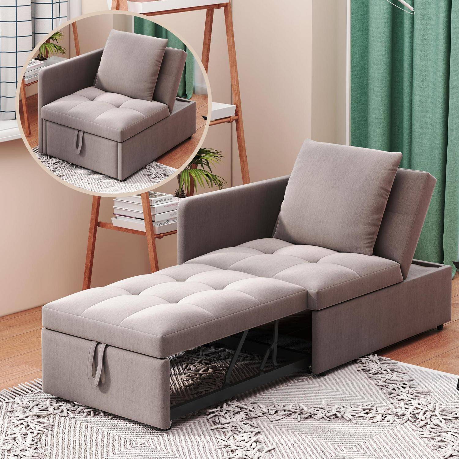 Grau gepolsterte Chaiselongue mit gestepptem Sitz- und Rückenkissen, shown in a Wohnzimmer; eine Vergrößerung zeigt ihre ausklappbare Sofaform.