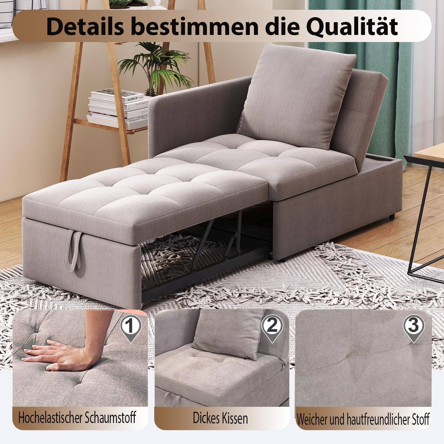 Schlafsofa mit Chaiselongue und Stauraum, gekennzeichnet mit: „Details bestimmen die Qualität,