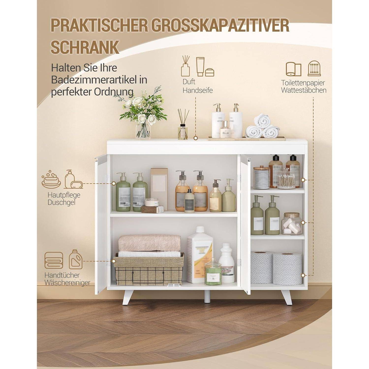 Hzuaneri Badezimmerschrank, Aufbewahrungsschrank mit 2 Türen, Badschrank mit 3 Offenen Ablage, Küchenschrank, Große Kapazität, Modern, für Wohnzi