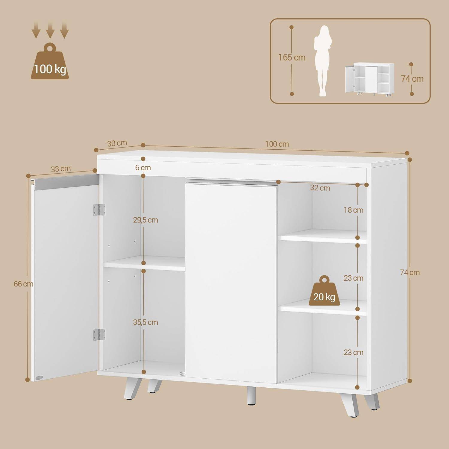 Weißer dreitüriger Schrank mit Regalen, Abmessungen 100 cm breit, 74 cm hoch, 33 cm tief, und Tragfähigkeitsgrenzen von 100 kg oben und 20 kg pro Regal.