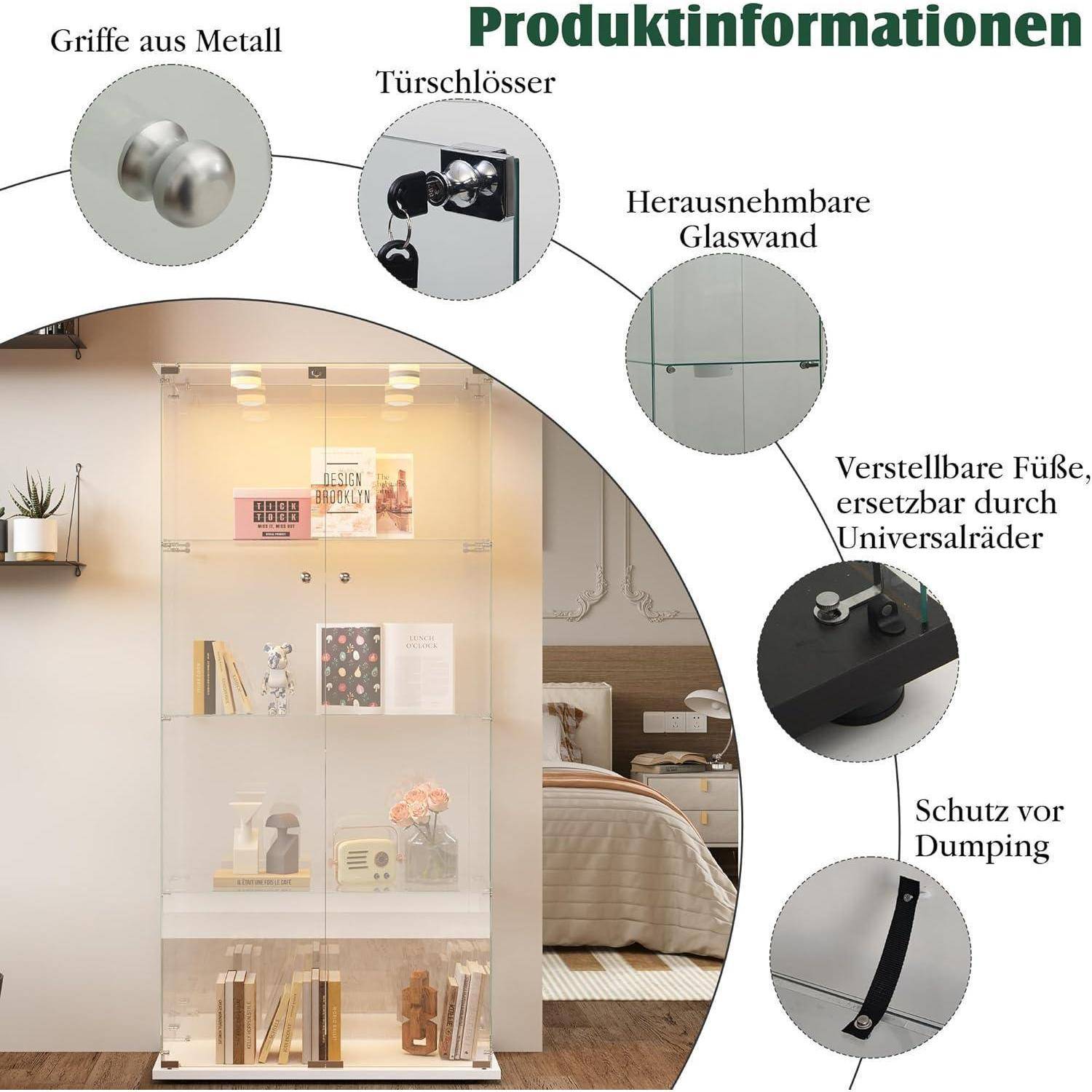 Glasvitrine Standvitrine mit LED Beleuchtung, Glasvitrine Stehend mit 4 Glasböden & 2 Glastüren abschließbar, Vitrinenschrank für Wohnzimmer Büro