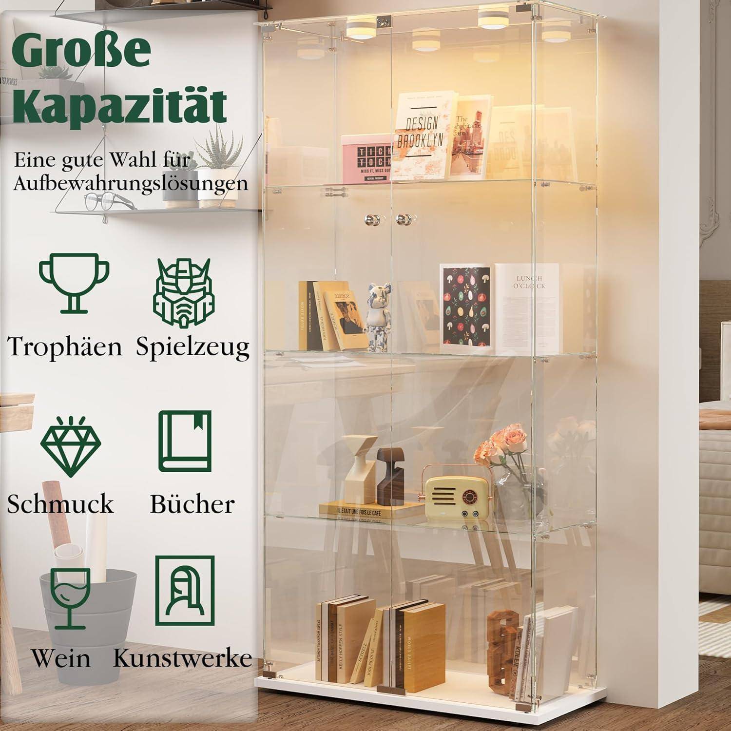 Glasvitrine Standvitrine mit LED Beleuchtung, Glasvitrine Stehend mit 4 Glasböden & 2 Glastüren abschließbar, Vitrinenschrank für Wohnzimmer Büro