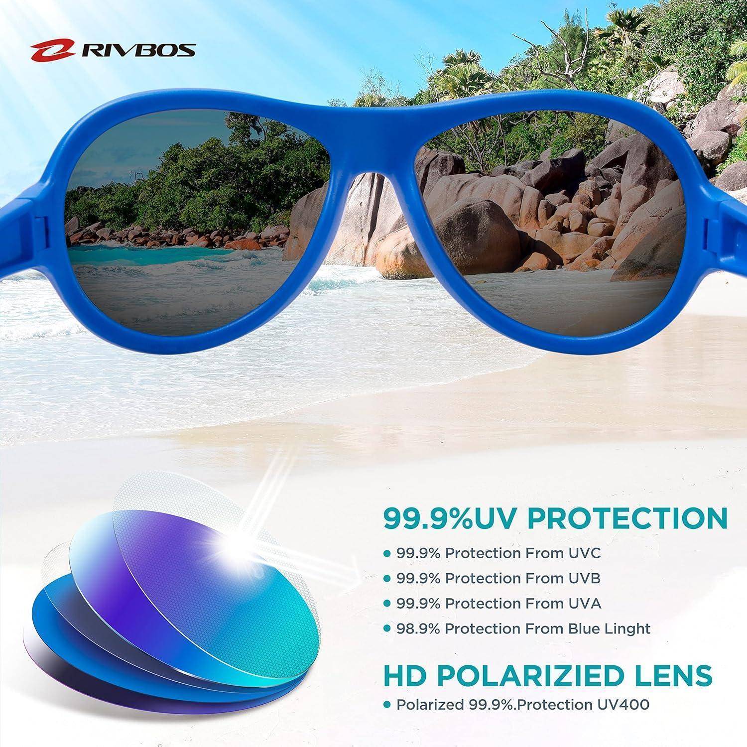 Blaue Sonnenbrillen über einer Strandszene, mit Text, der 99,9% UV-Schutz und HD-polarisierte Gläser mit UV400-Schutz bewirbt.