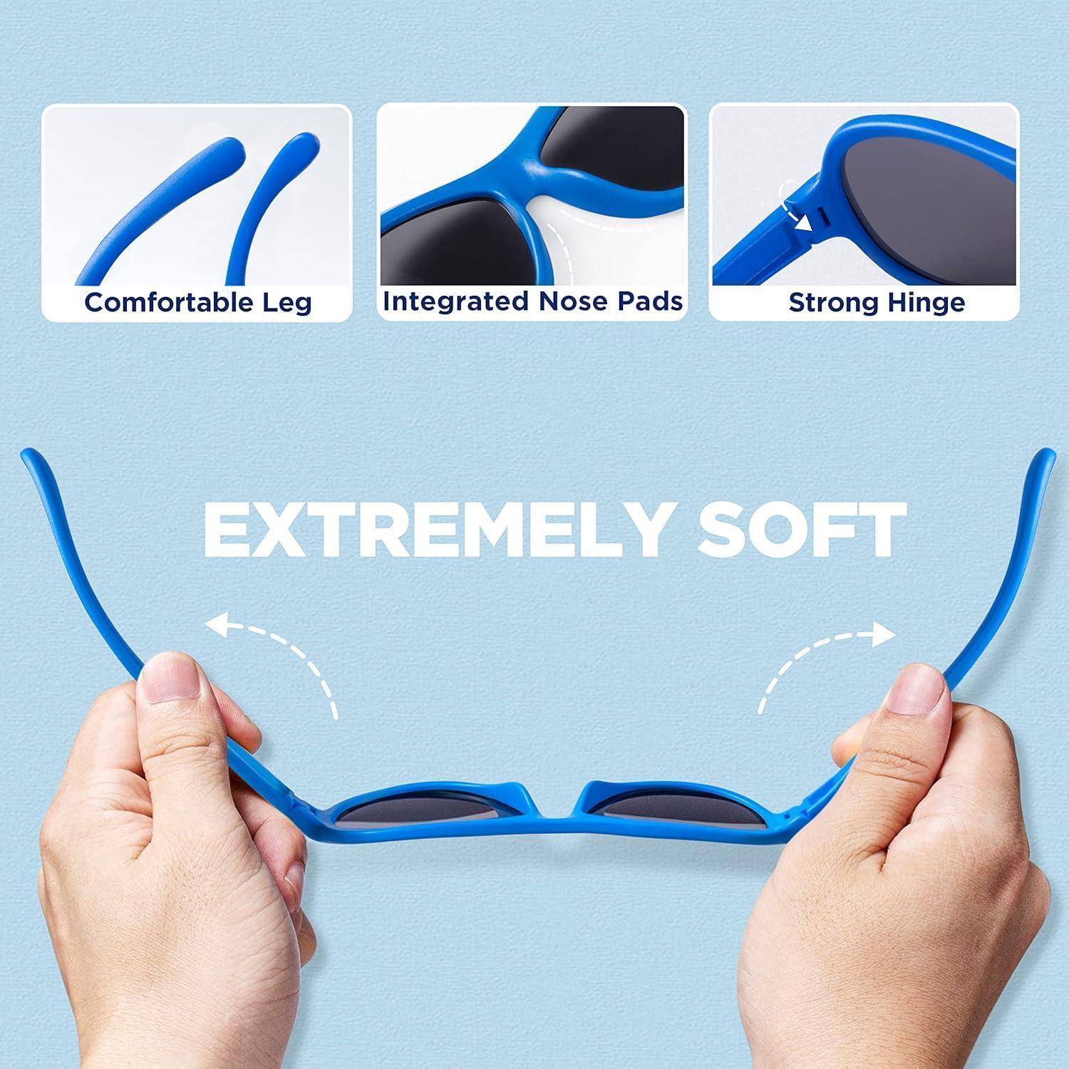 Blaue Brille wird von Hand verbogen, um Flexibilität zu demonstrieren, mit dem Text „EXTREM WEICH" und Funktionshinweisen: bequemer Bügel, integrierte Nasenpads, starkes Scharnier.