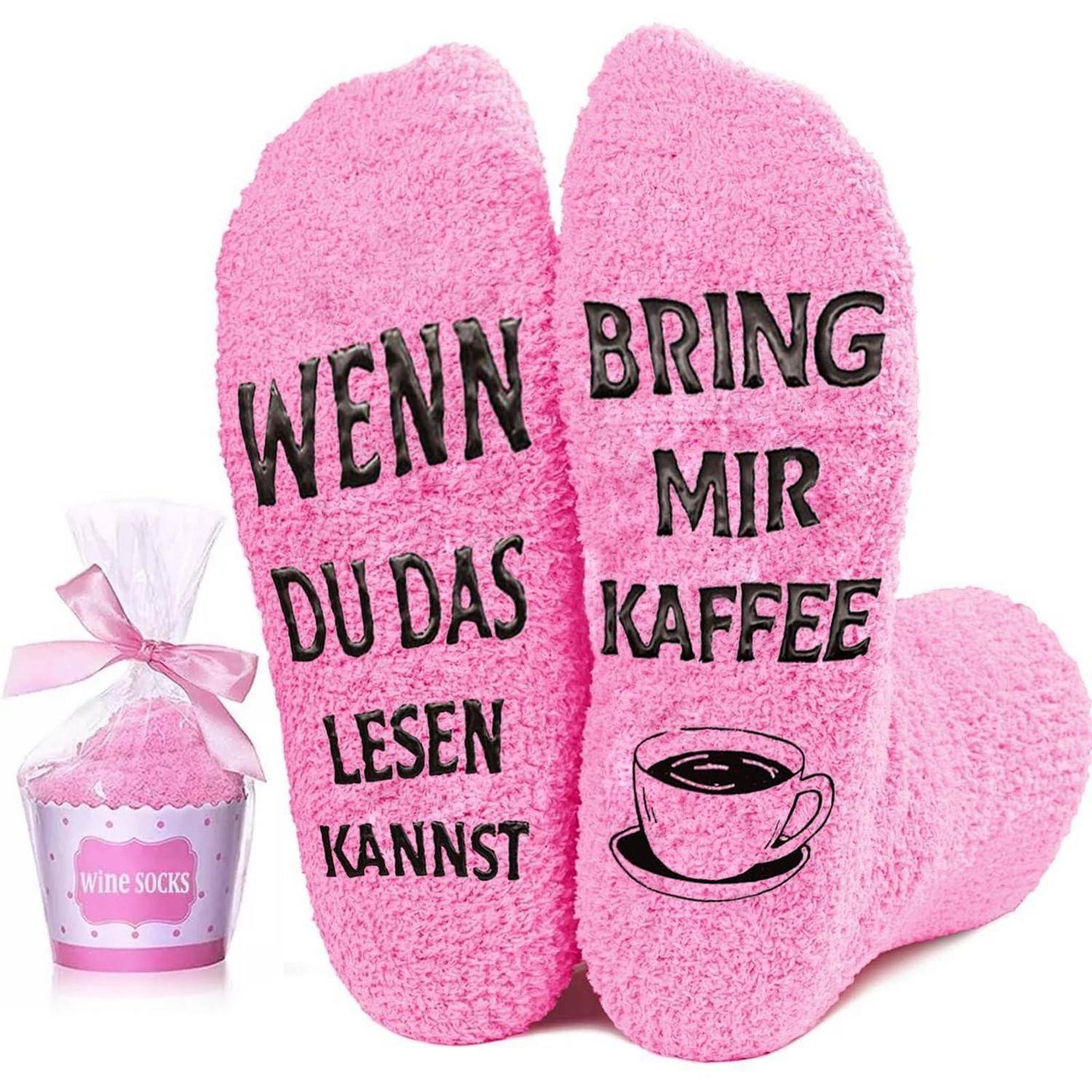 Rosa Novelty-Socken mit deutschem Text „WENN DU DAS LESEN KANNST BRING MIR KAFFEE