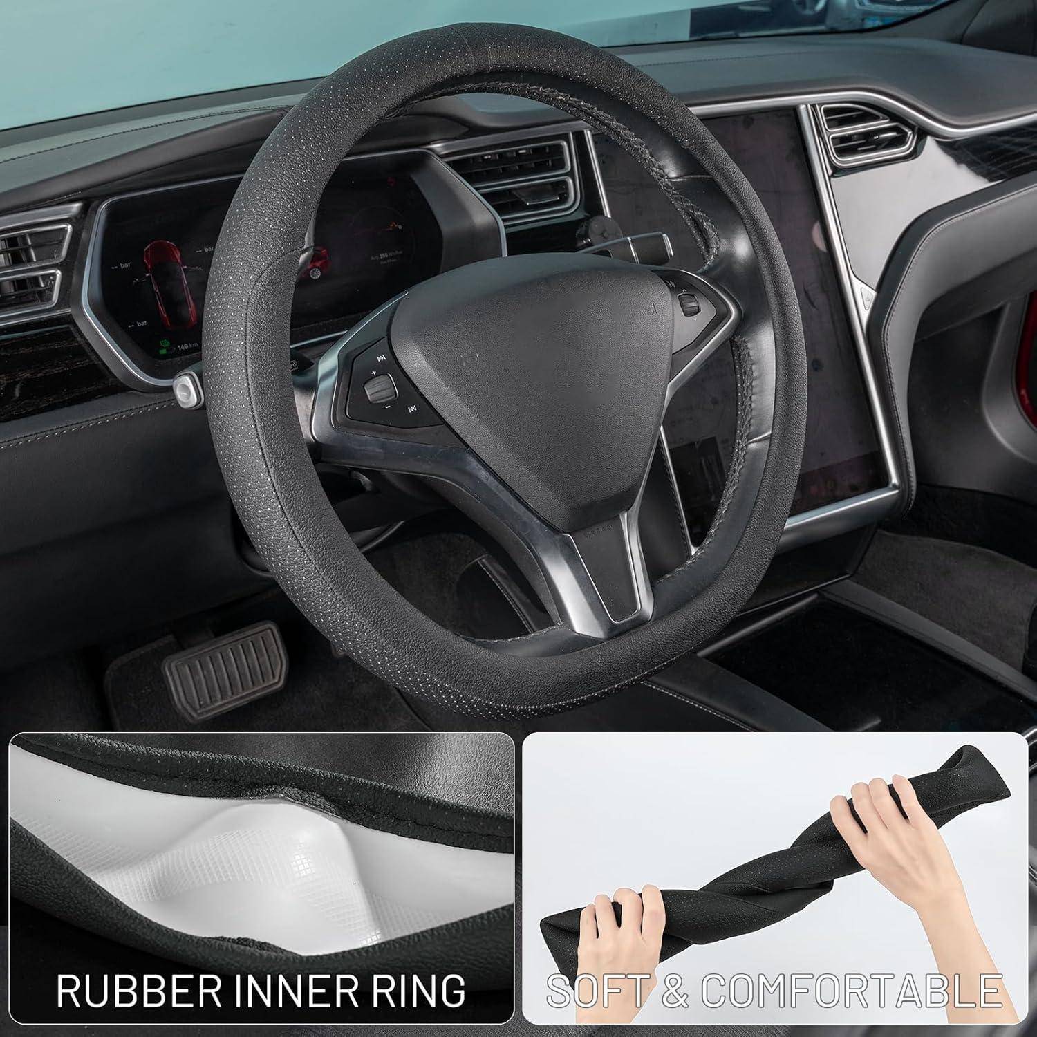 Lenkrad mit strukturierter Abdeckung; eingefügte Beschriftungen zeigen „GUMMINNERER RING" und „WEICH & BEQUEM"".