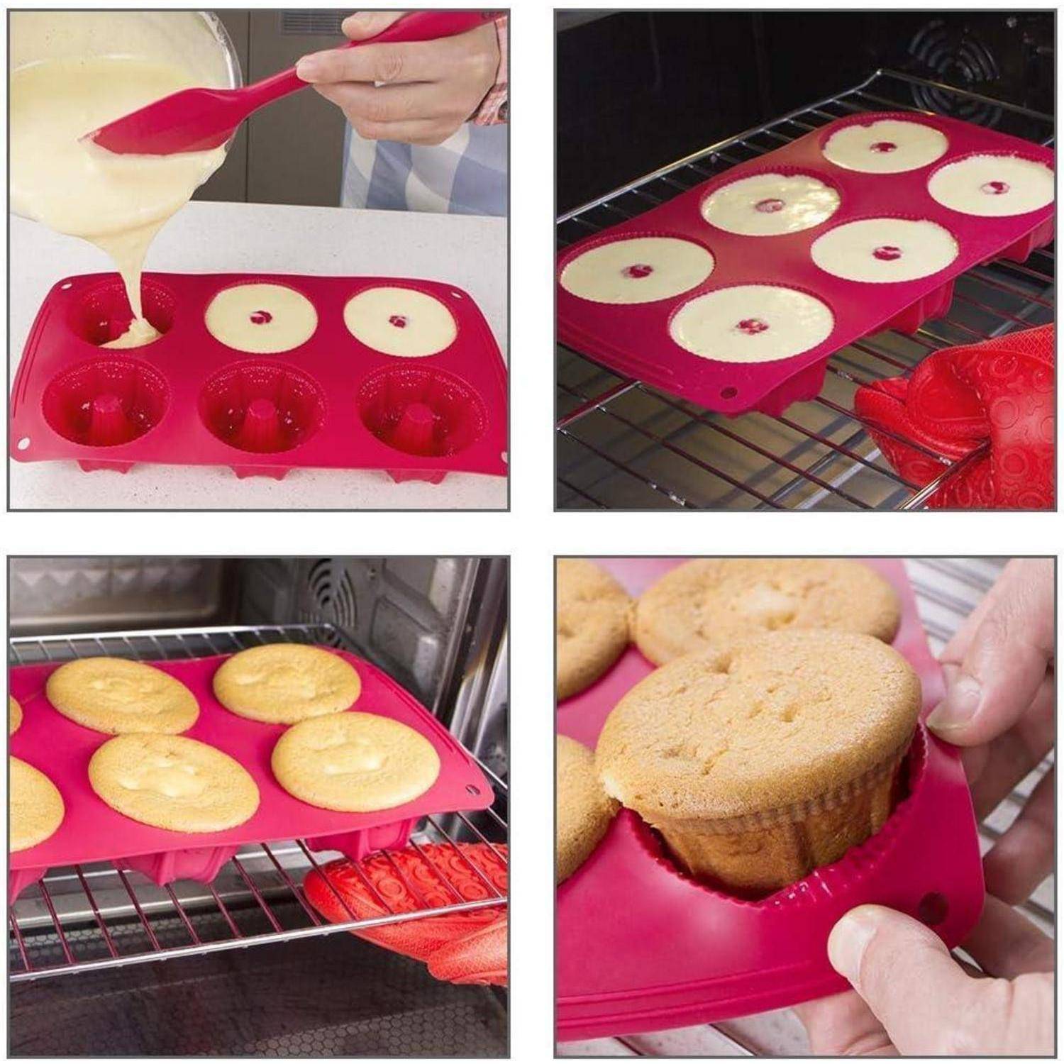 Vierteiliges Collage, das zeigt, wie Teig in eine rosa Silikon-Muffinform gegossen wird, wie Cupcakes im Ofen backen, und dann wie ein Muffin aus der Form genommen wird.