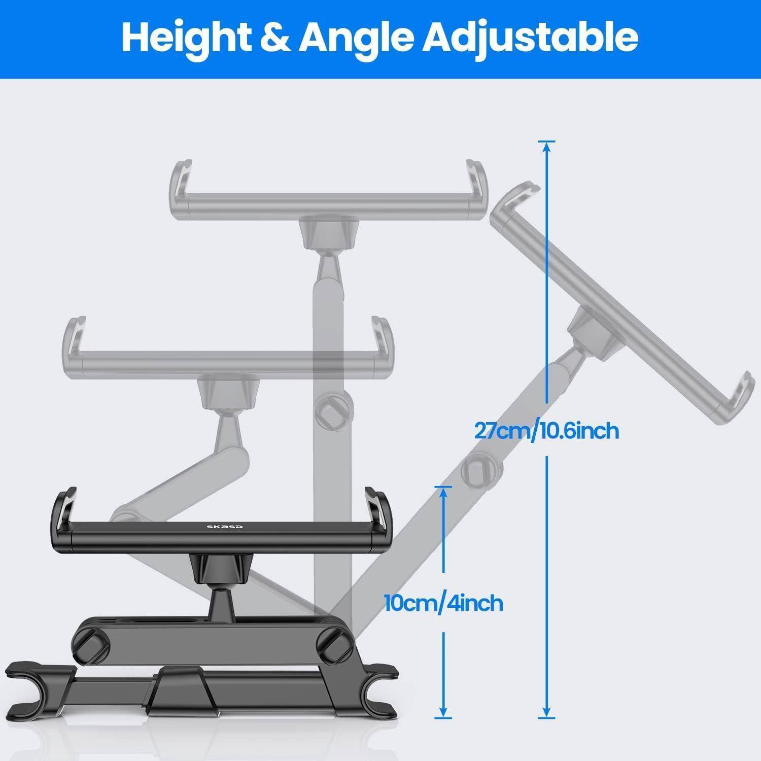 Diagramm einer verstellbaren Gerätehalterung mit Höhen- und Winkelverstellung, mit Abmessungen von 10 cm/4 Zoll und 27 cm/10,6 Zoll gekennzeichnet.