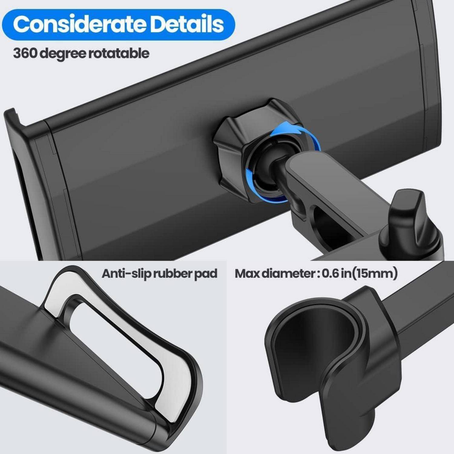 Produktbild einer um 360 Grad drehbaren Handyhalterung mit rutschfestem Gummipad und Klemme für Geräte bis zu 0,6 Zoll (15 mm) Durchmesser.