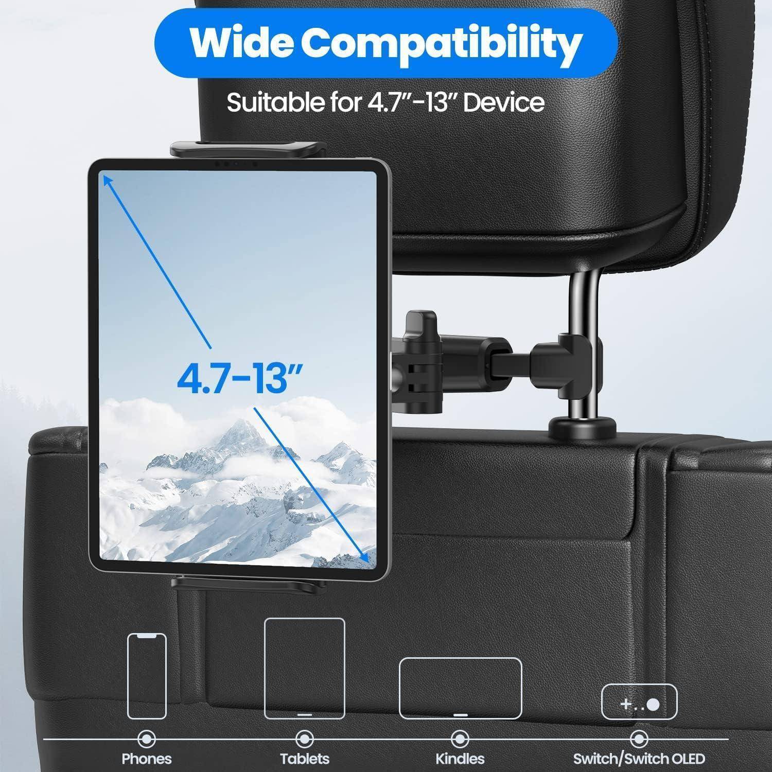 Kopfstützen-Tablet-Halter für Autos mit der Bezeichnung „Breite Kompatibilität" und „Geeignet für Geräte von 4,7""-13"""", mit Unterstützung für Telefone, Tablets, Kindles und Switch/OLED.