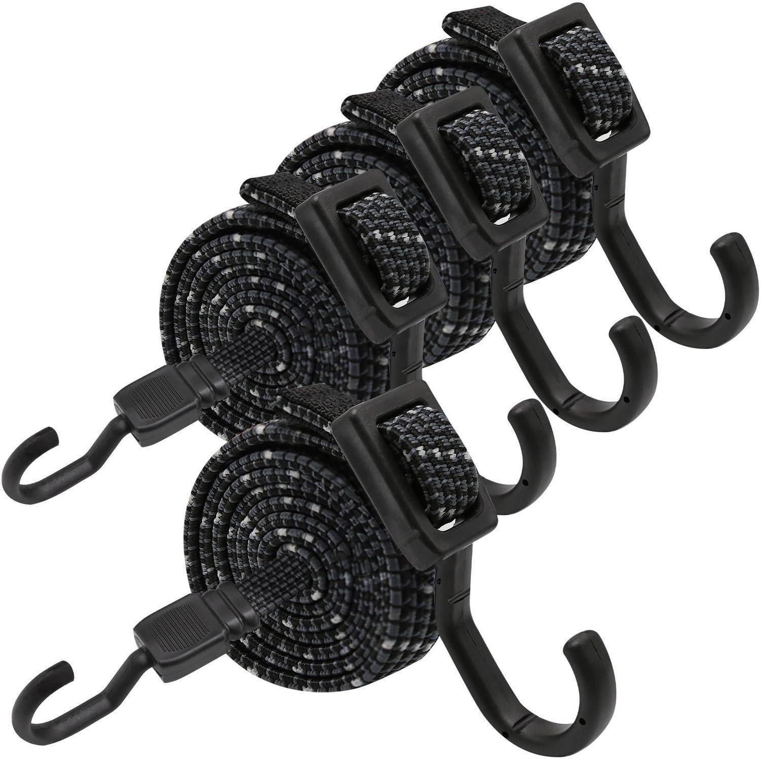 Zwei aufgerollte schwarze Spanngurte mit Metallhaken und verstellbaren Schnallen zum Sichern von Ladung.