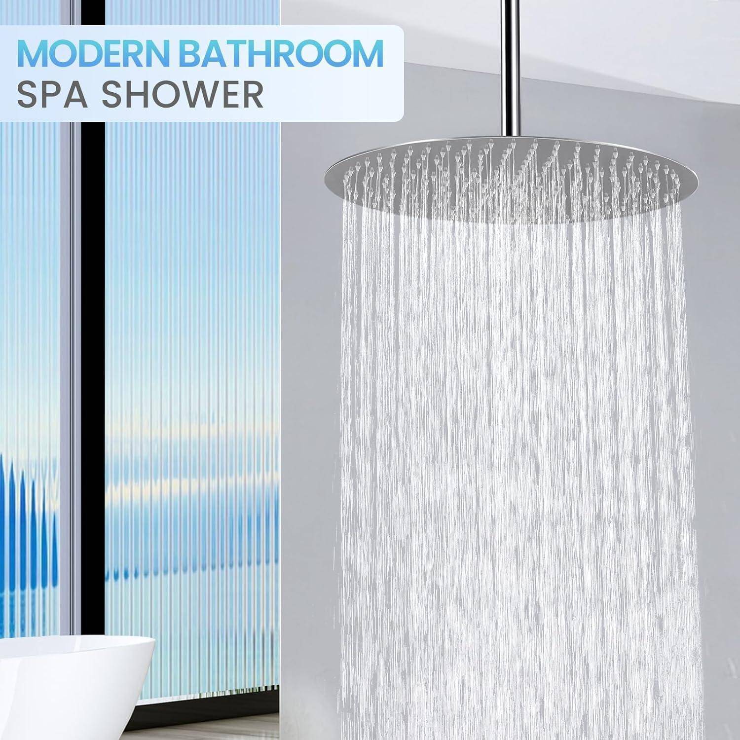 Modernes Badezimmer-Spa mit großem rundem Regenduschkopf, der Wasser in einer eleganten, gläsernen Duschkabine sprüht.