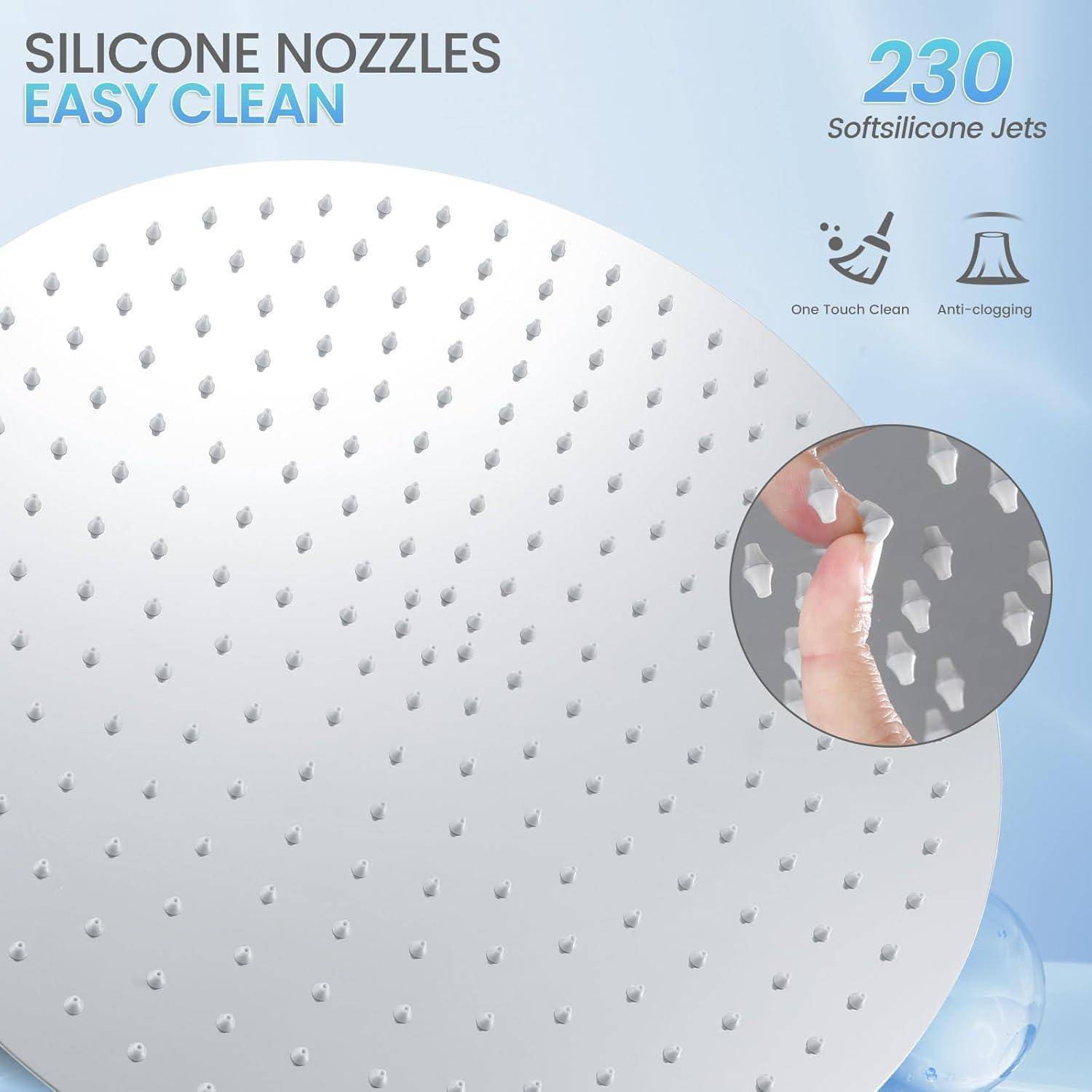 Werbebild eines Duschkopfes mit 230 weichen Silikonpinsel, beschriftet mit „Silicone Nozzles Easy Clean