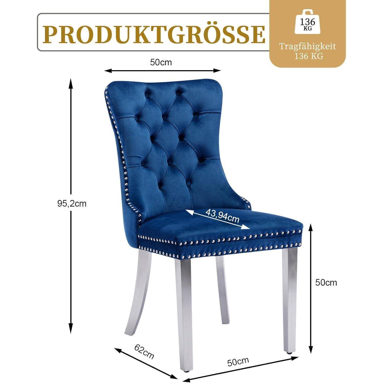 Produktabmessungen eines blau gepolsterten Stuhls: 95,2 cm Höhe, 50 cm Breite, 62 cm Tiefe, 50 cm Sitzhöhe, 43,94 cm Sitztiefe, Tragfähigkeit 136 kg.