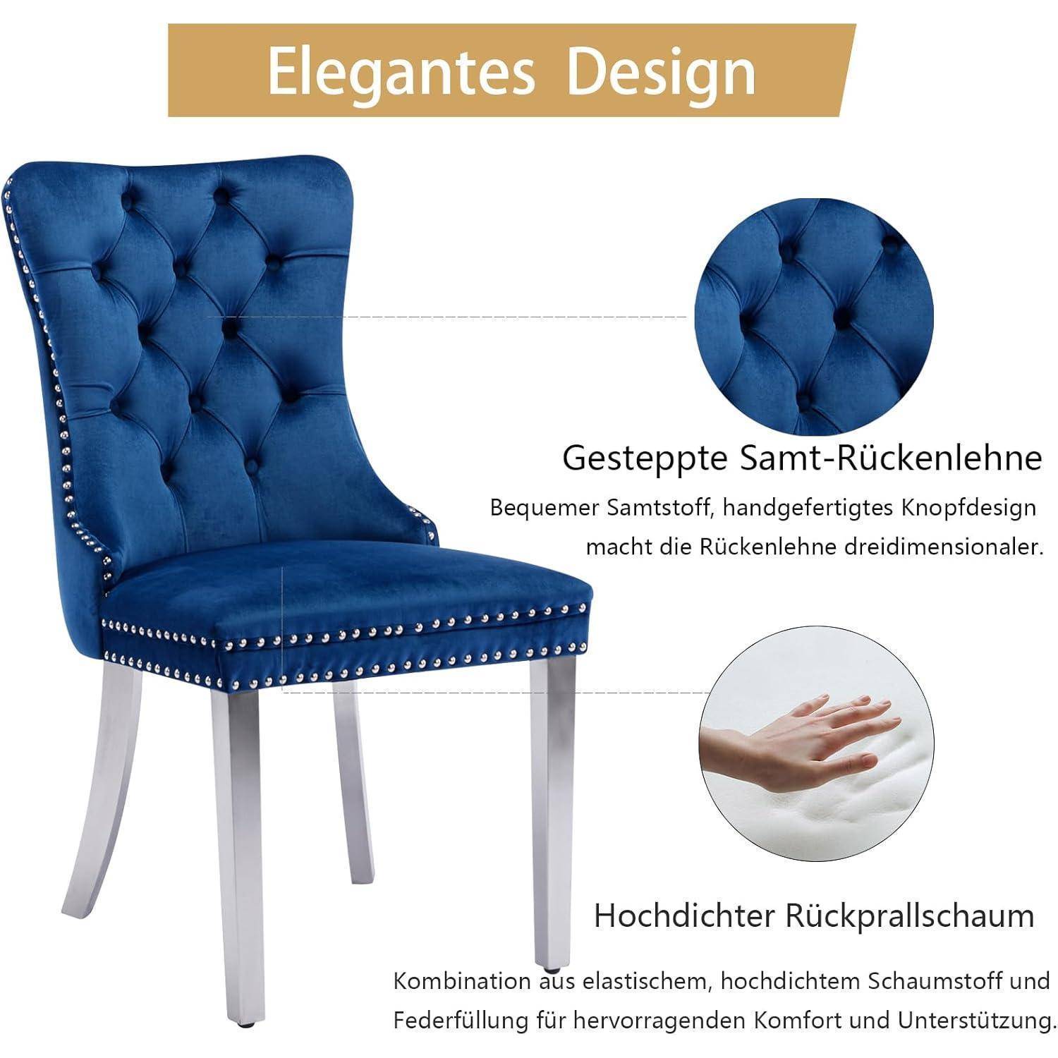 Blauer gesteppter Esszimmerstuhl mit silbernen Beinen, gekennzeichnet mit „Elegantes Design