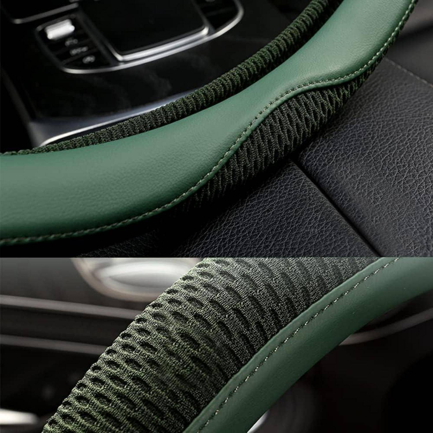 Nahaufnahmeevergleich von zwei grünen Lenkradbezügen oder Sitzbezügen in einem Autoinnenraum, der glatte genähte ledähnliche Verkleidung gegenüber strukturiertem Webstoff zeigt.