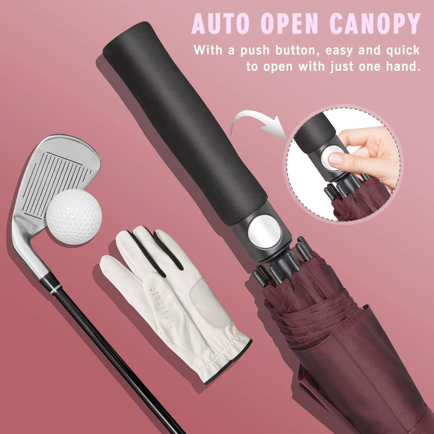 Werbebild eines automatischen Golf-Regenschirms mit Druckknopfgriff, gezeigt mit Golfschläger, Ball und Handschuh; der Text lautet „AUTO OPEN CANOPY