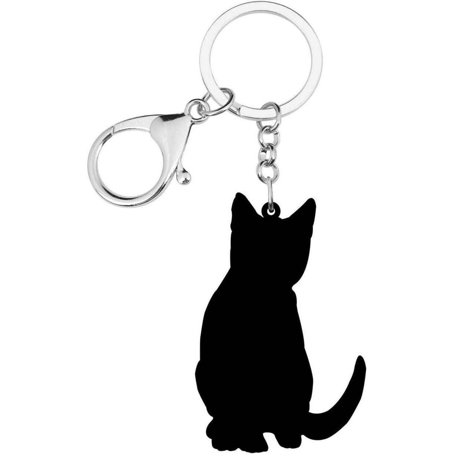 Schwarze Katzensilhouette Schlüsselanhänger mit silbernem Spaltring und Verschluss auf weißem Hintergrund.