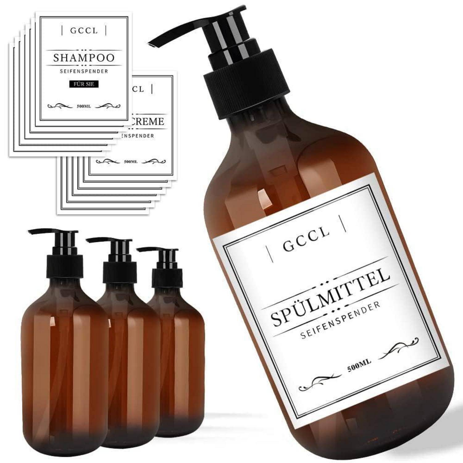 4 Stück 500 ml Seifenspender Flaschen, Leere Plastik Pumpspender für Lotion, Duschgel, Shampoo und Conditioner, Flüssigseifenspender mit Wasserdich