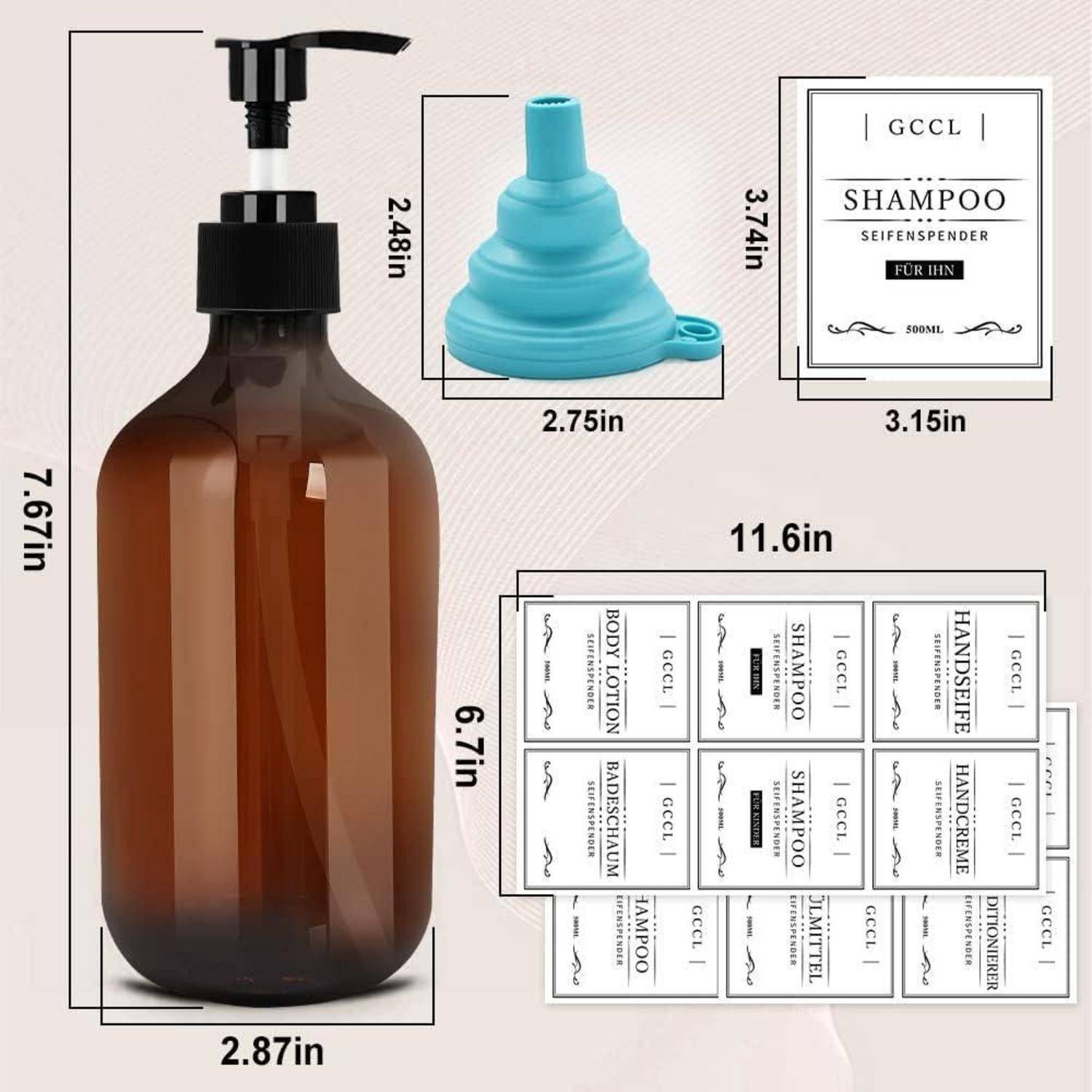 4 Stück 500 ml Seifenspender Flaschen, Leere Plastik Pumpspender für Lotion, Duschgel, Shampoo und Conditioner, Flüssigseifenspender mit Wasserdich