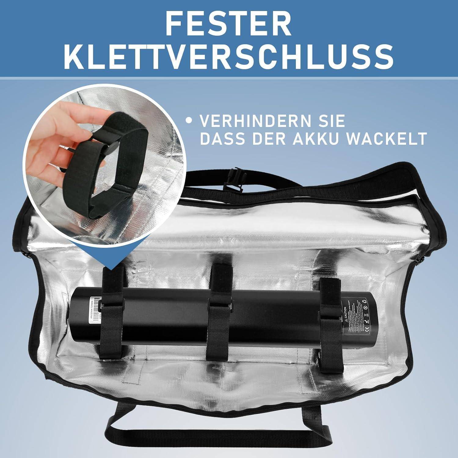 Illustration einer isolierten Batteriebeutel mit Gurten und „FESTER KLETTVERSCHLUSS"-Text, die eine Klettverschlussfestigung zeigt, um zu verhindern, dass die Batterie wackelt.