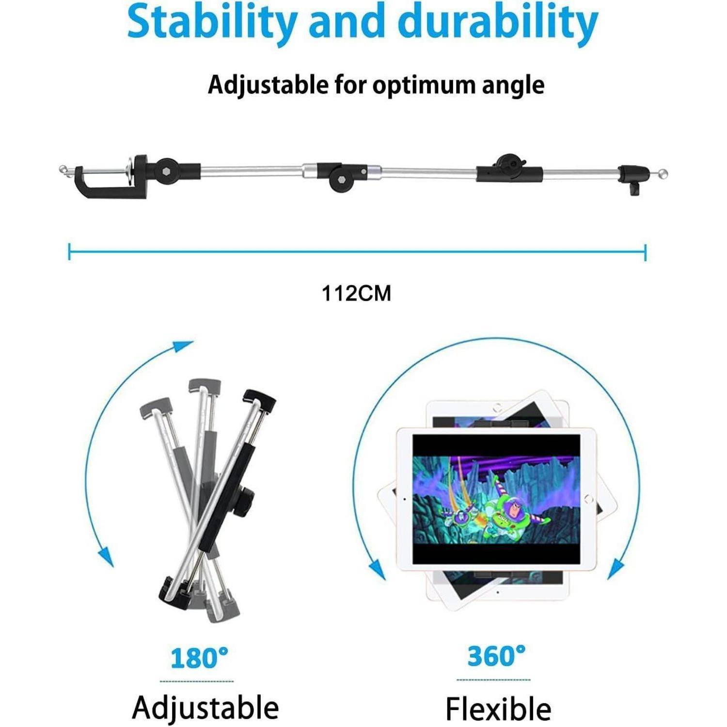 Teleskopisch verstellbarer Arm, 112 cm lang, zeigt 180°-Biegung und 360°-Drehung für flexible Positionierung.