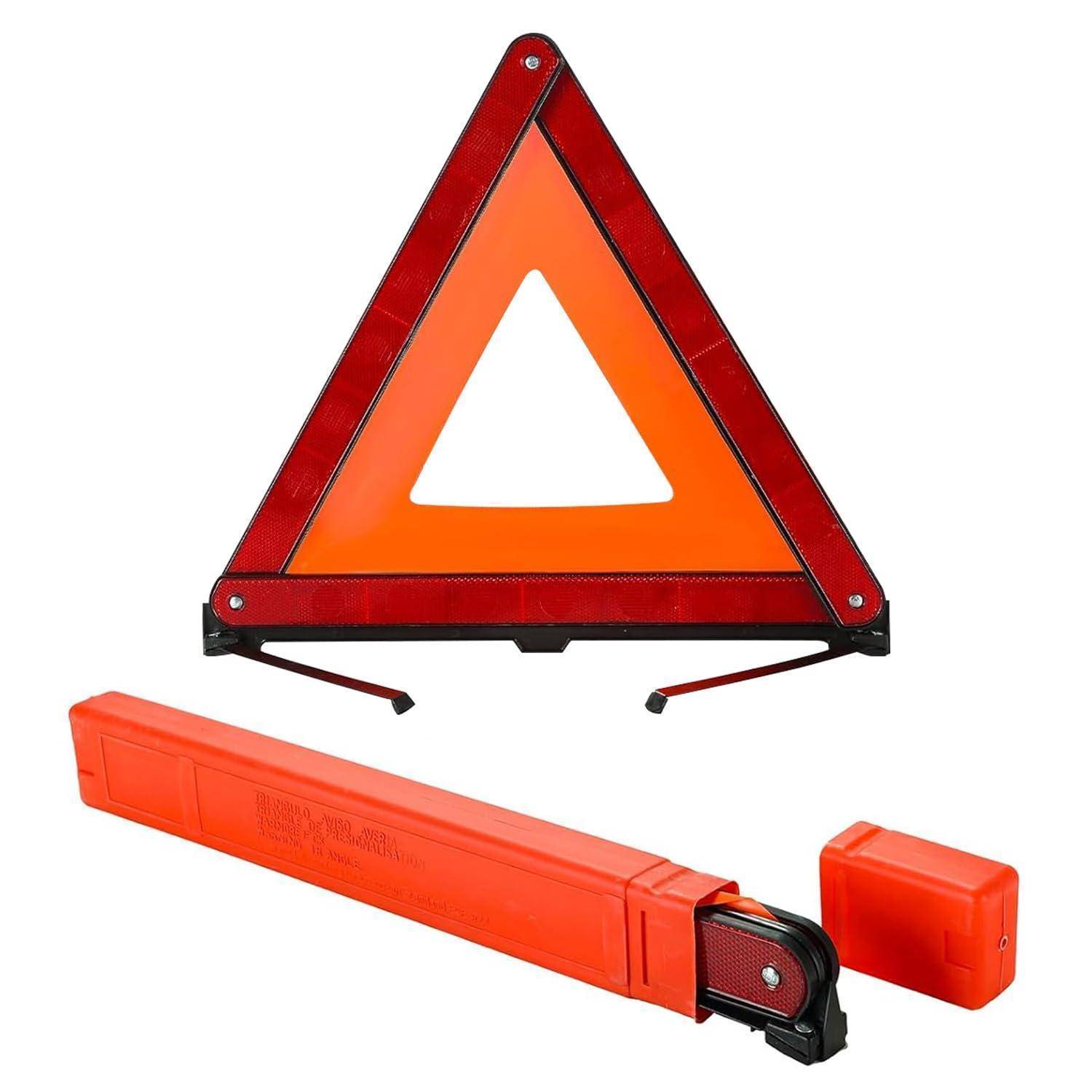 Rotes reflektierendes Warndreieck am Straßenrand mit orangem Aufbewahrungskoffer, verwendet, um Fahrer auf ein stehendes Fahrzeug oder eine Gefahr hinzuweisen.