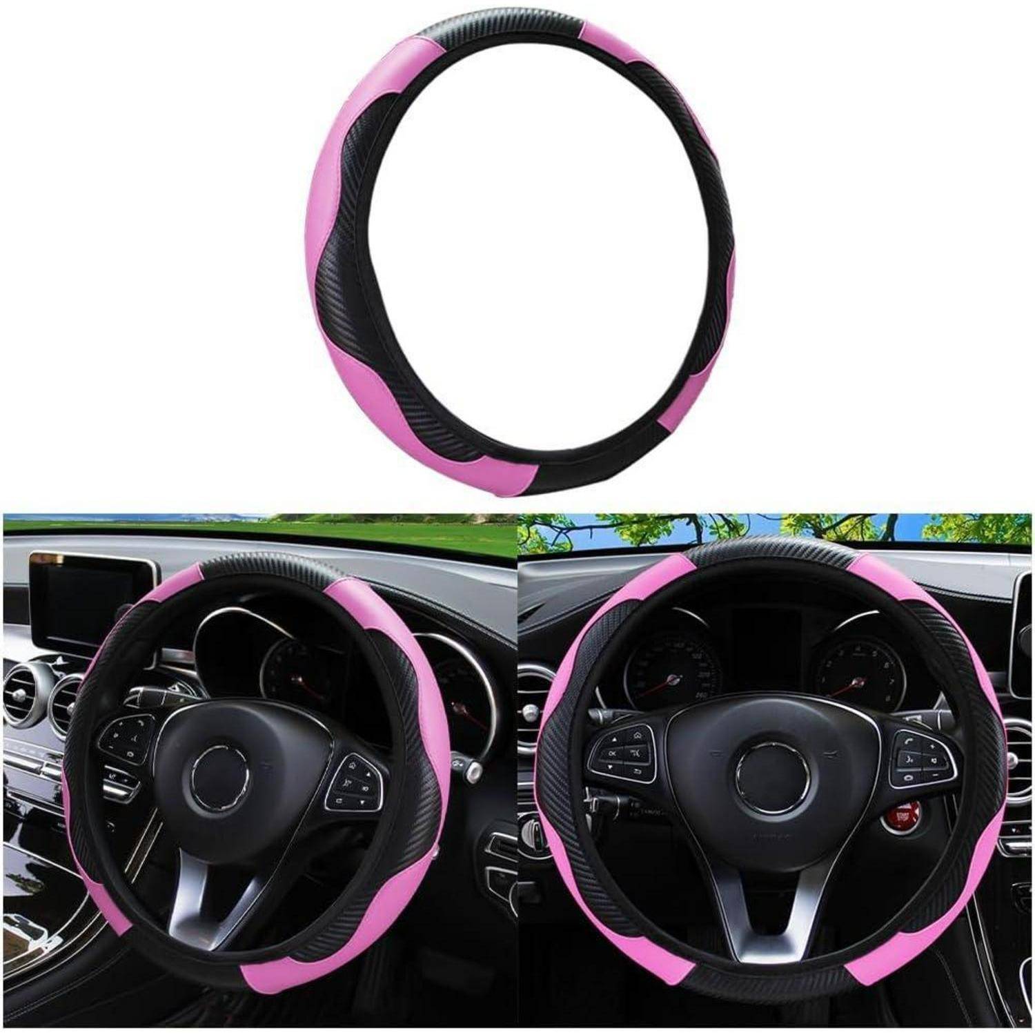 Rosa und schwarze Lenkradhülle, isoliert dargestellt und auf einem Autolenkrad montiert, wobei das Upgrade des Innendesigns hervorgehoben wird.