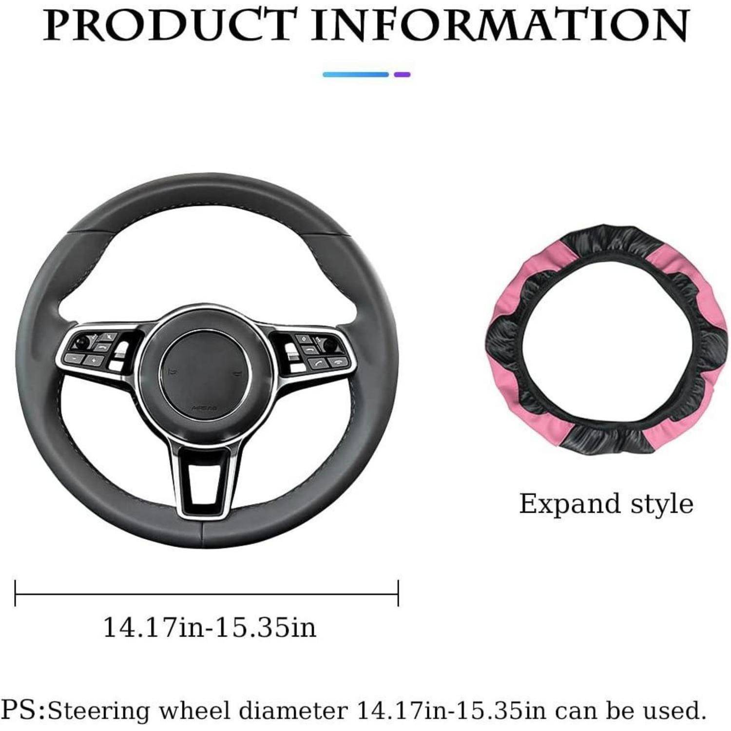 Produktinformationsbild zeigt eine Lenkradhülle für einen Durchmesser von 14,17-15,35 Zoll, mit einer schwarzen und rosa Lenkradhülle im Dehnstil neben dem Lenkrad.